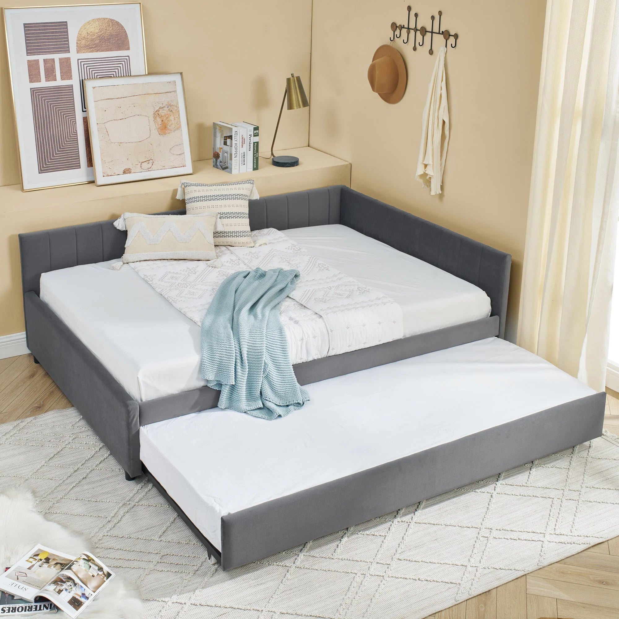 Full Size Daybed with Trundle Upholstered Tufted Sofa Bed, Sofa Bed LUNESCAPE