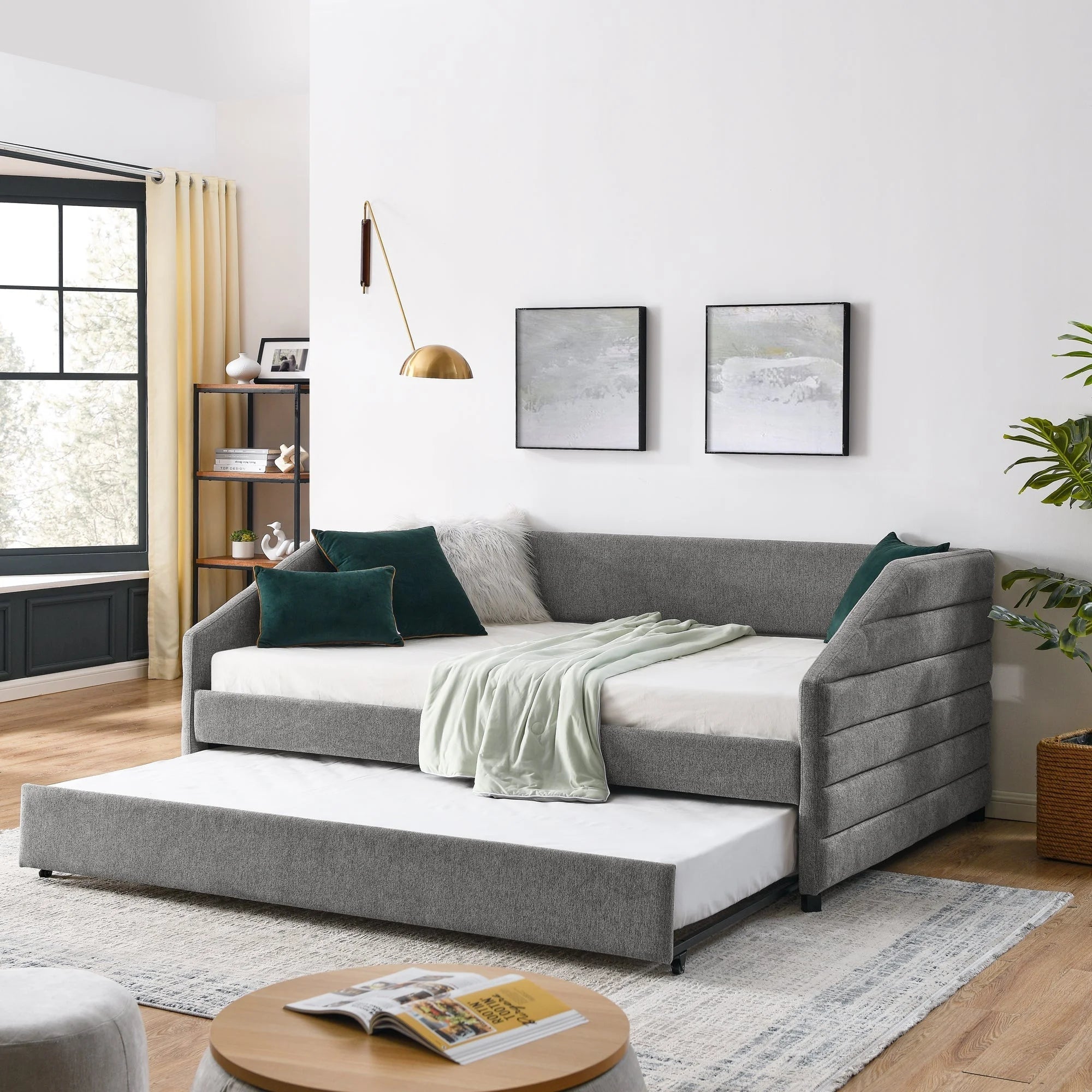 Full Size Daybed with Trundle Upholstered Tufted Sofa Bed, Linen LUNESCAPE