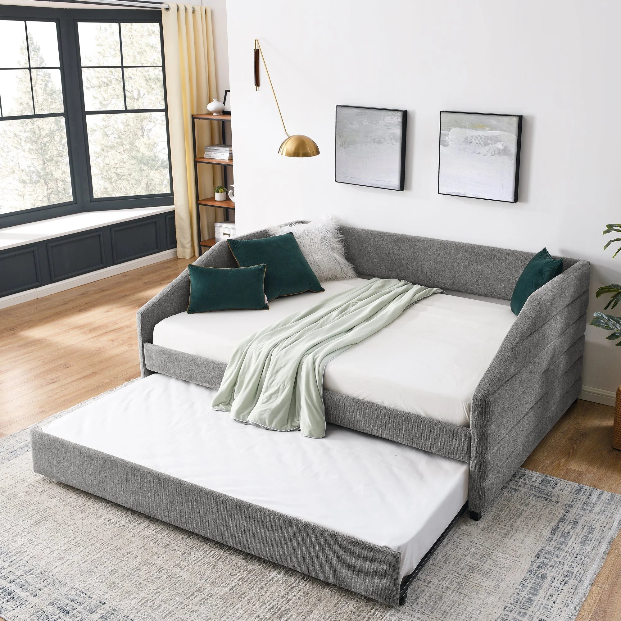 Full Size Daybed with Trundle Upholstered Tufted Sofa Bed, Linen LUNESCAPE