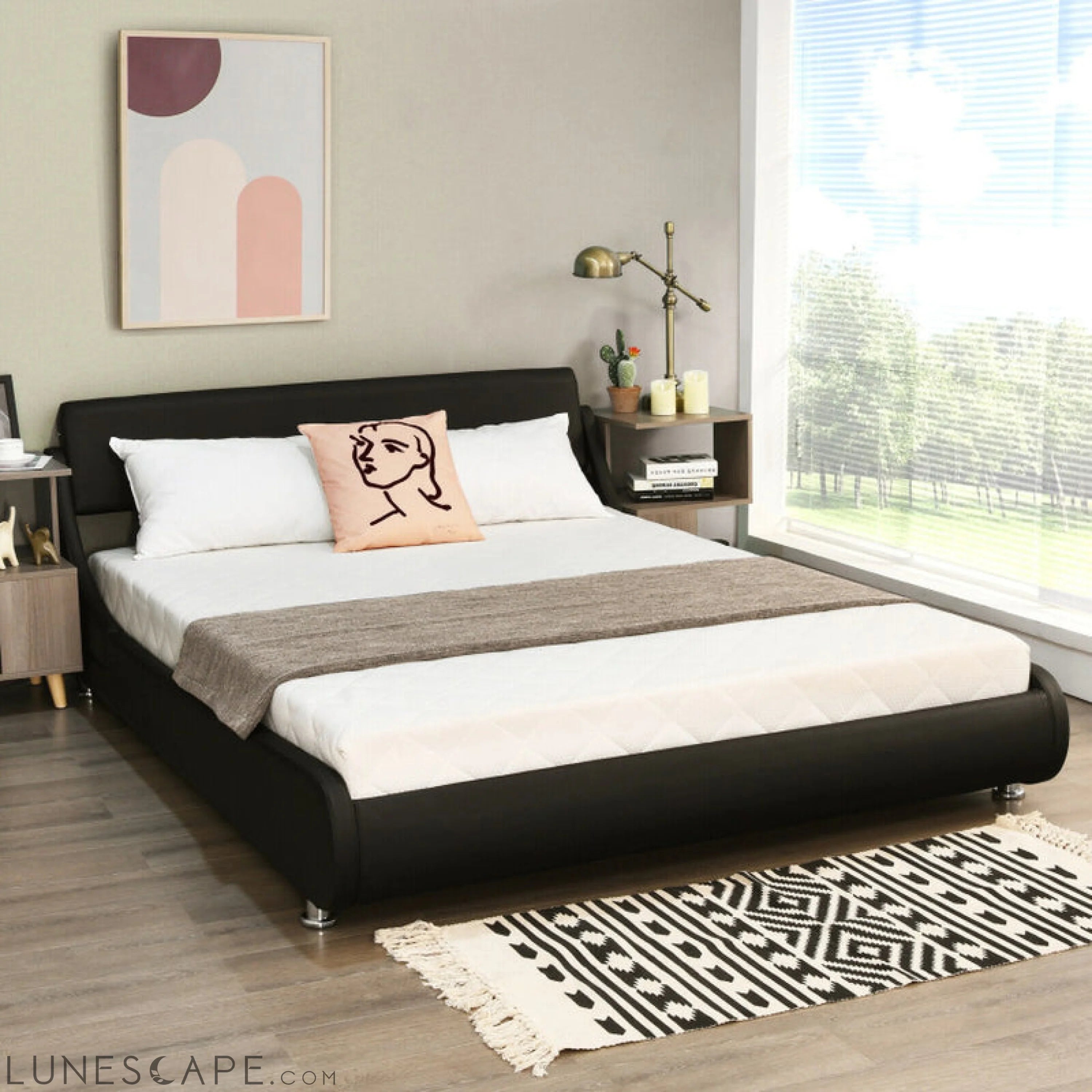 Full Size Faux Leather Upholstered Platform Bed Adjustable Headboard LUNESCAPE