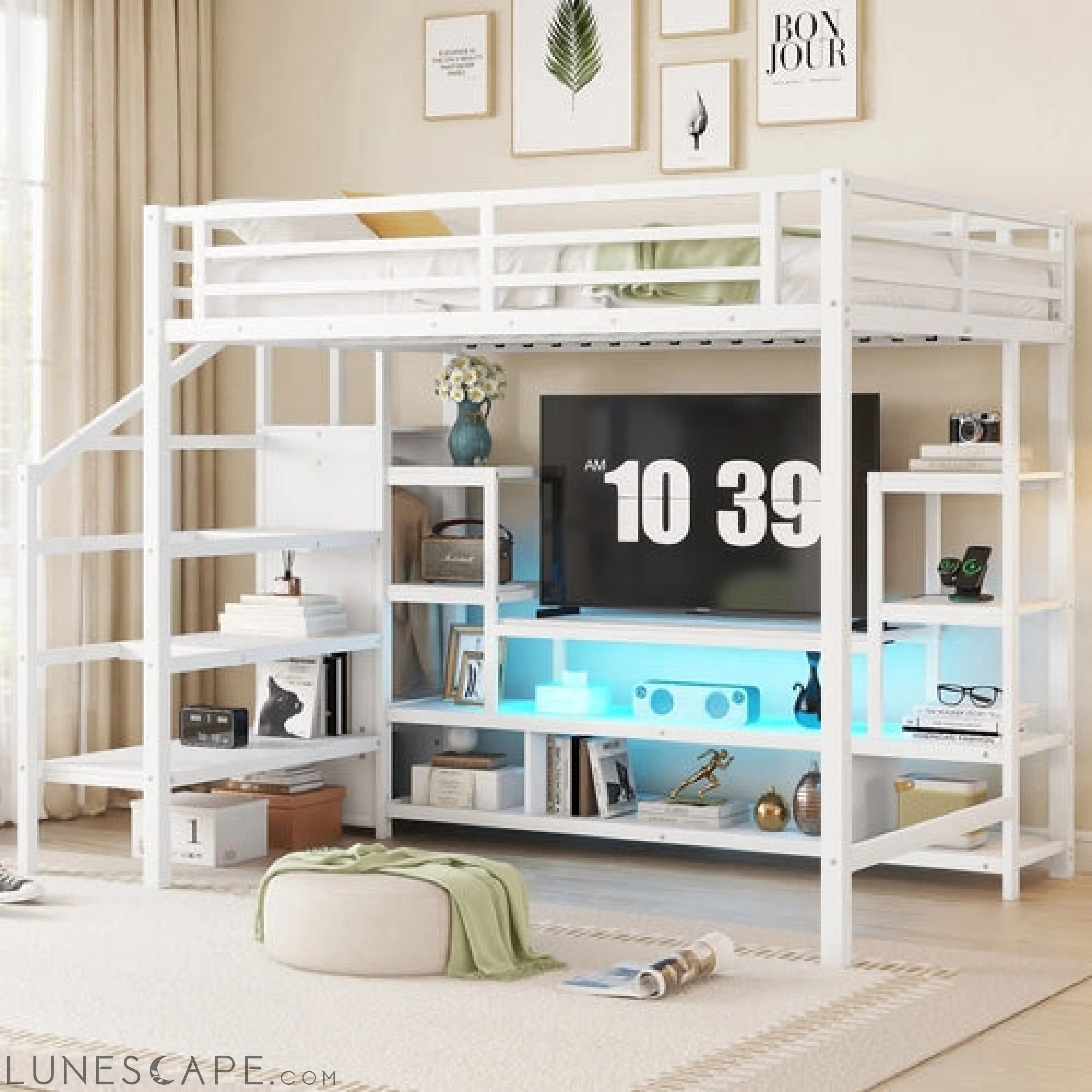 Full Size Metal Loft Bed with TV Cabinet, Metal Loft Bed with LUNESCAPE