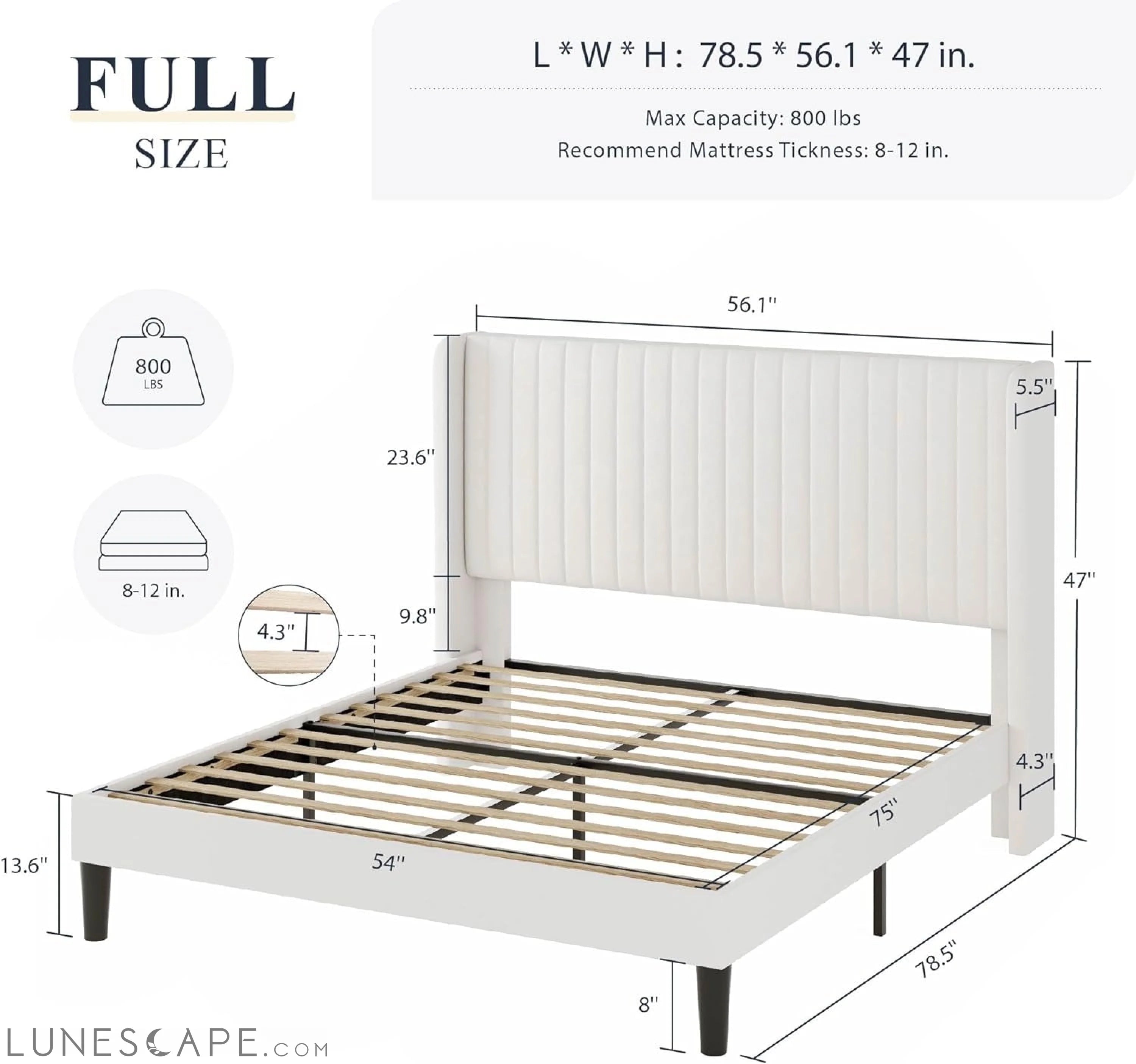 Full Size Velvet Bed Frame/Vertical Channel Tufted Wingback LUNESCAPE