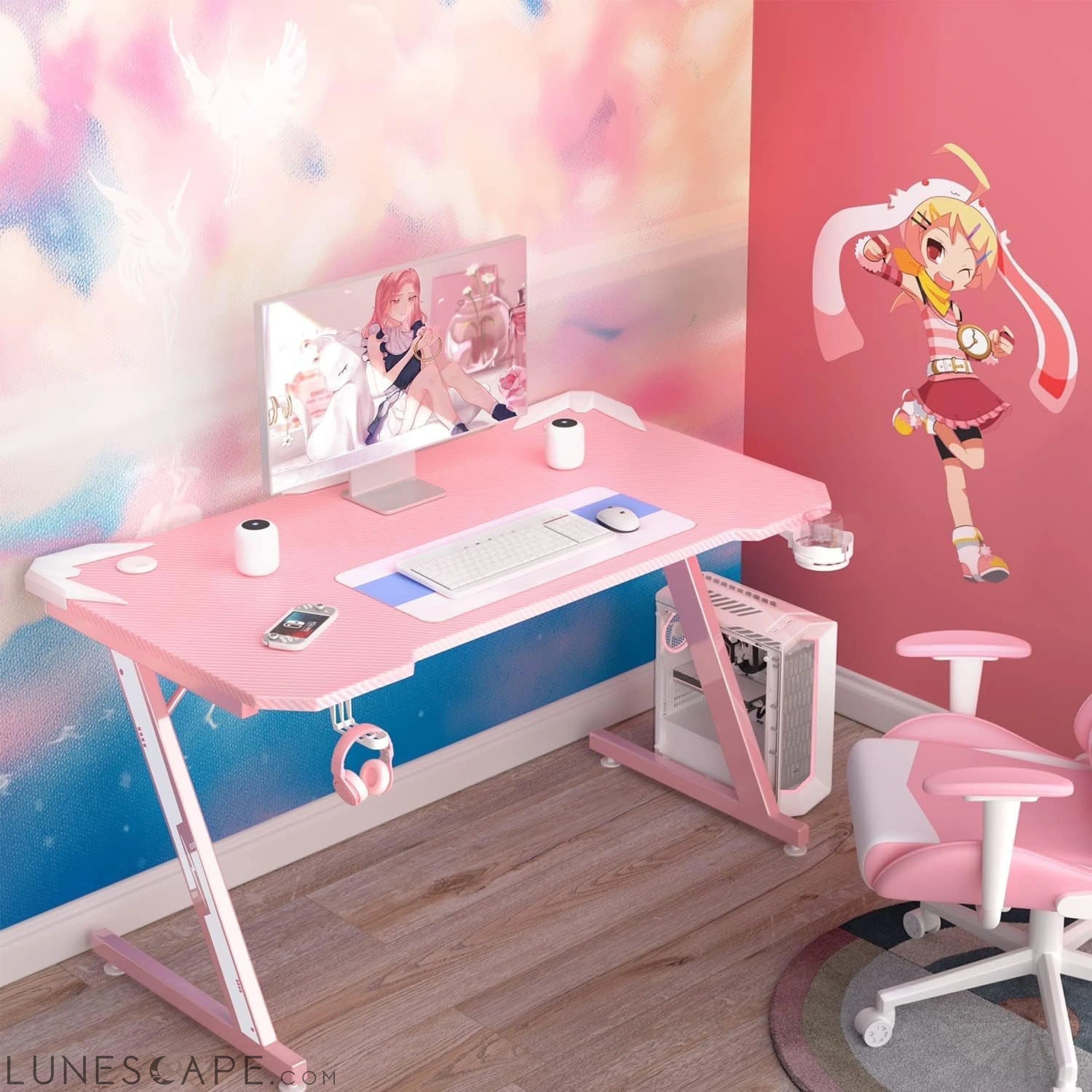 Gaming Computer Desk with Carbon Fiber Surface, Gaming Table Z Shaped LUNESCAPE