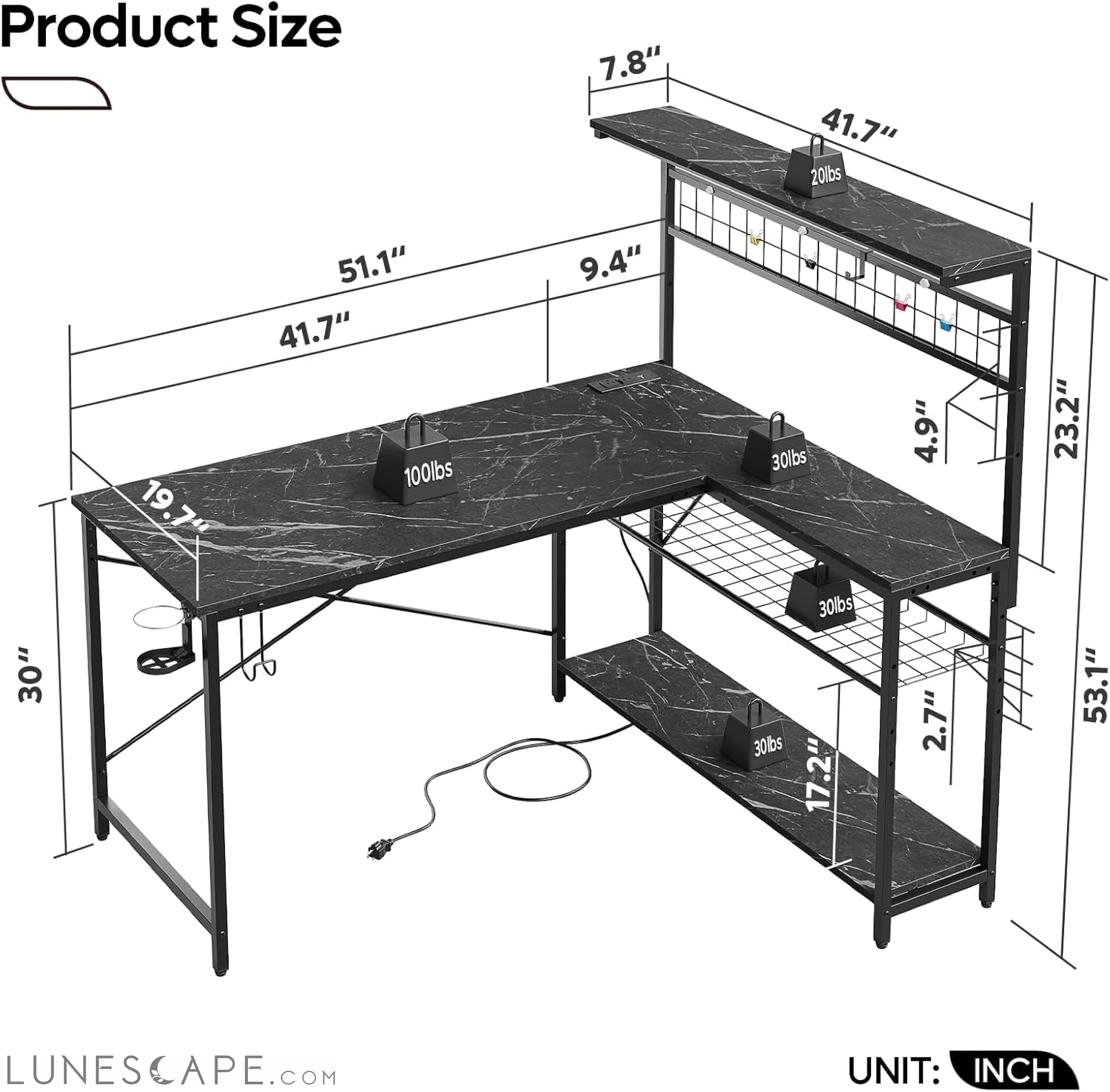 Gaming Desk 51" L-Shaped, with Power Outlets & LED Lights- 4 Tier LUNESCAPE