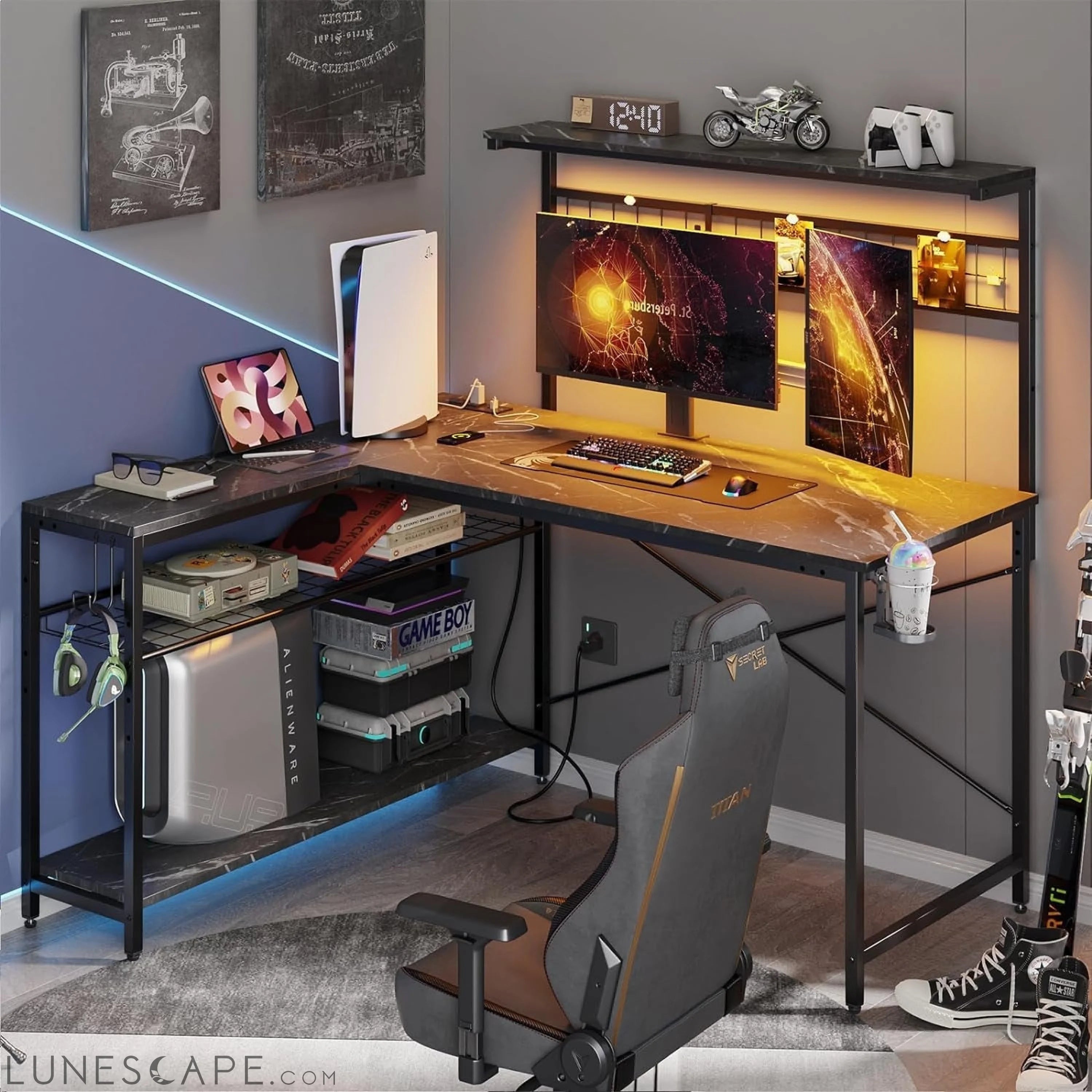 Gaming Desk 51" L-Shaped, with Power Outlets & LED Lights- 4 Tier LUNESCAPE