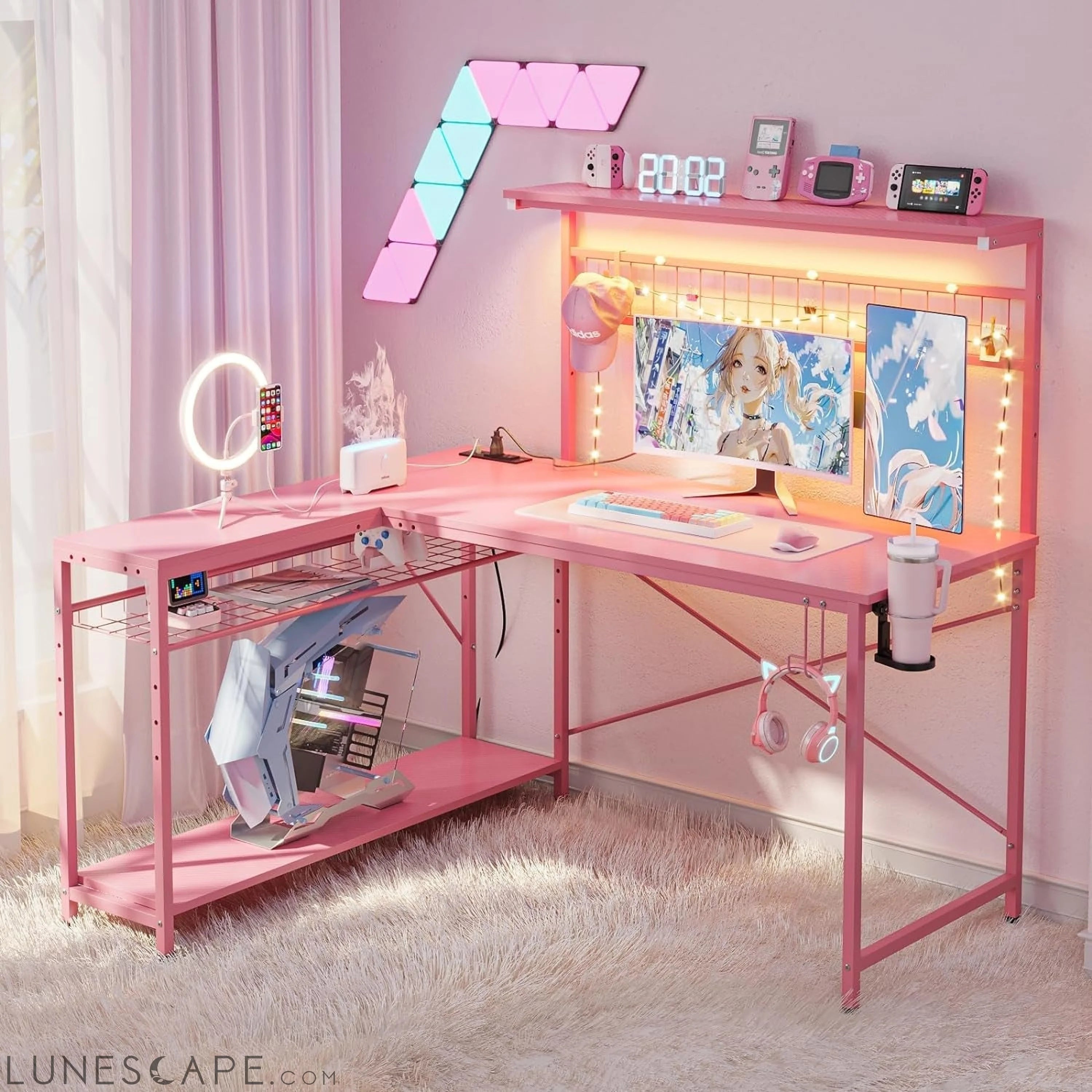 Gaming Desk 51" L-Shaped, with Power Outlets & LED Lights- 4 Tier LUNESCAPE