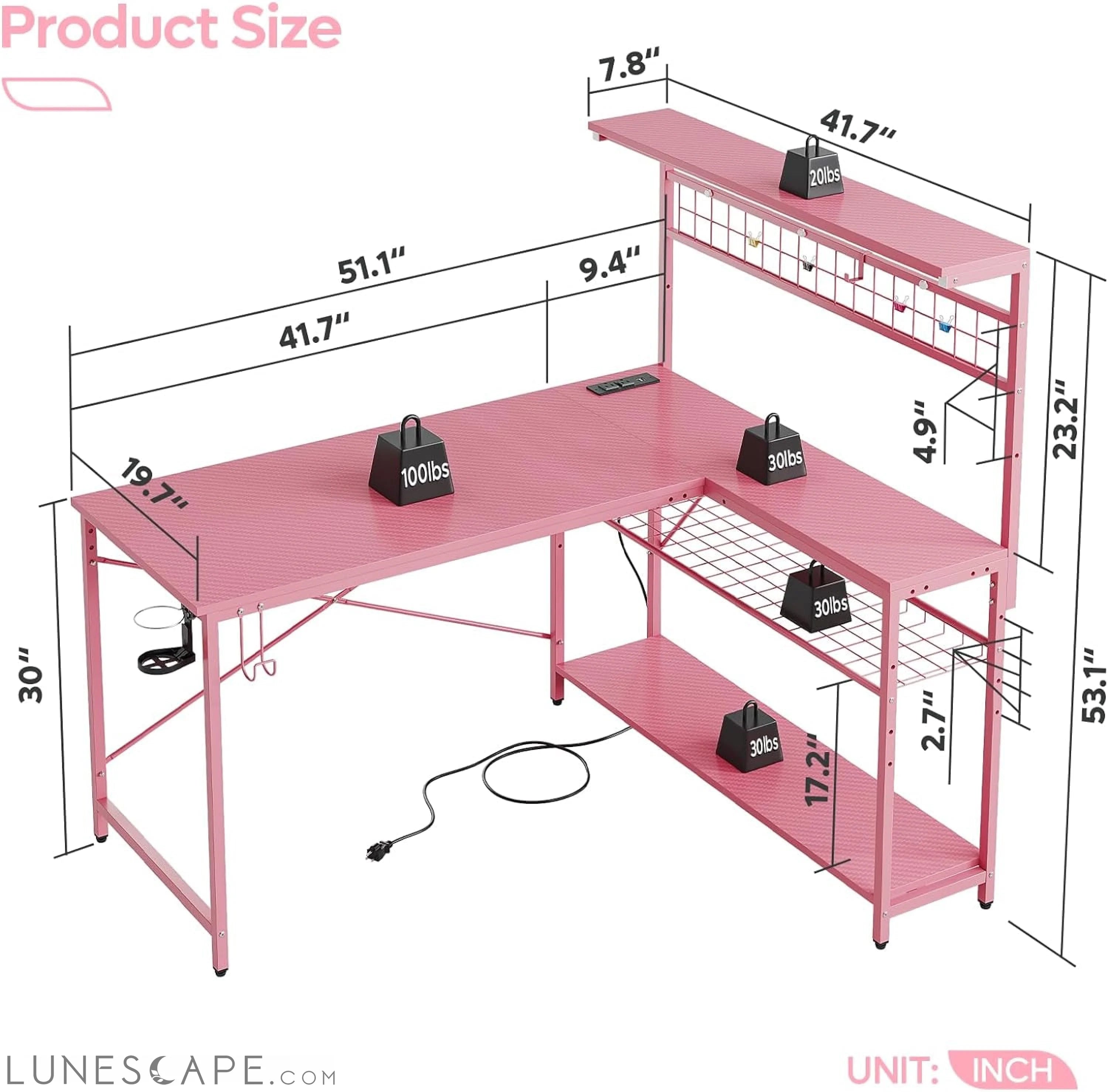 Gaming Desk 51" L-Shaped, with Power Outlets & LED Lights- 4 Tier LUNESCAPE