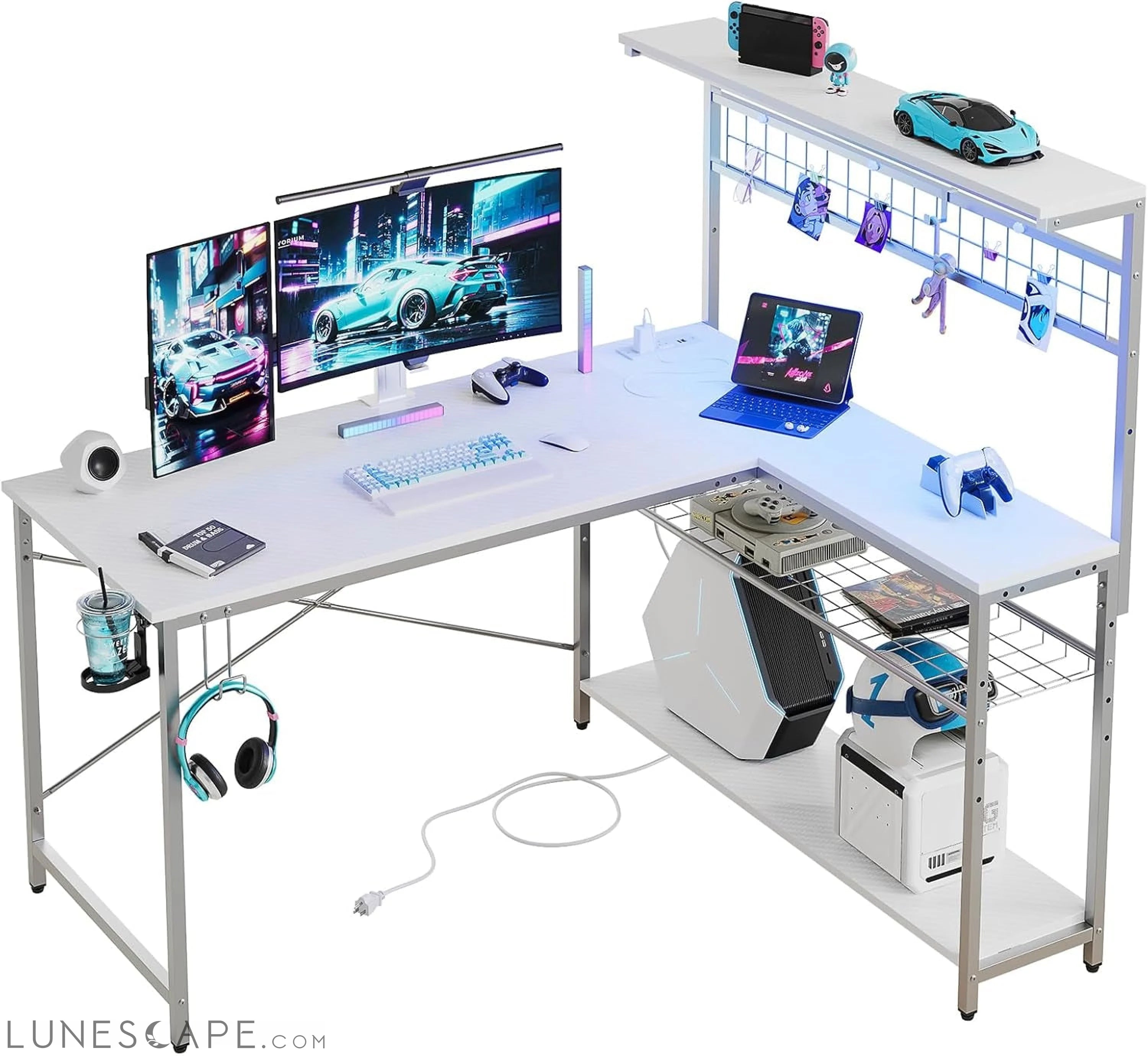 Gaming Desk 51" L-Shaped, with Power Outlets & LED Lights- 4 Tier LUNESCAPE