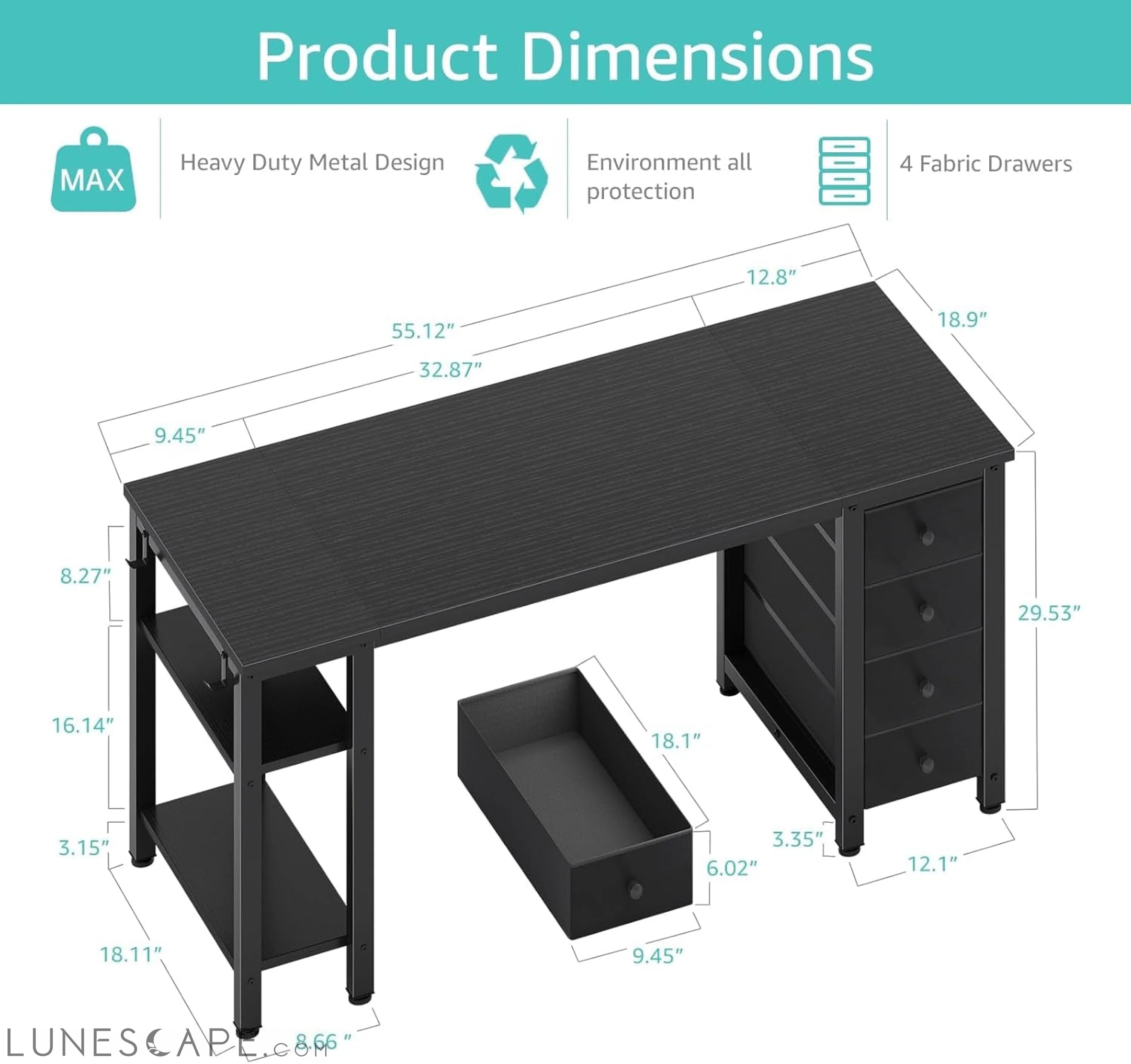Gaming Desk with 4 Fabric Drawers & Storage Shelves, 55 Inch Computer LUNESCAPE