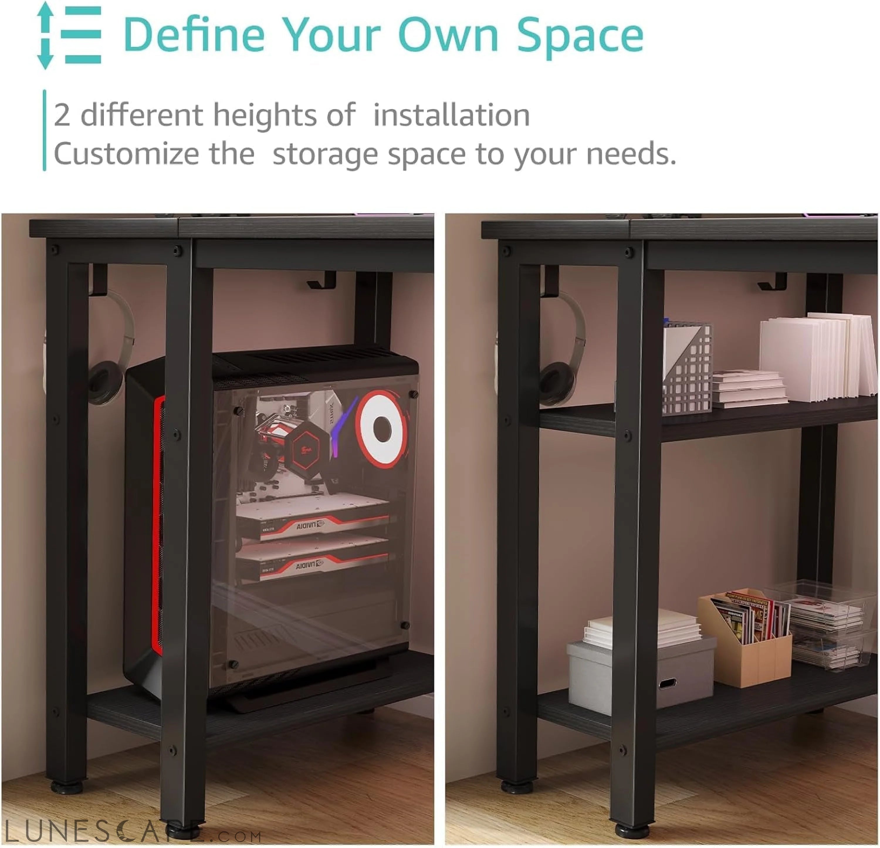 Gaming Desk with 4 Fabric Drawers & Storage Shelves, 55 Inch Computer LUNESCAPE
