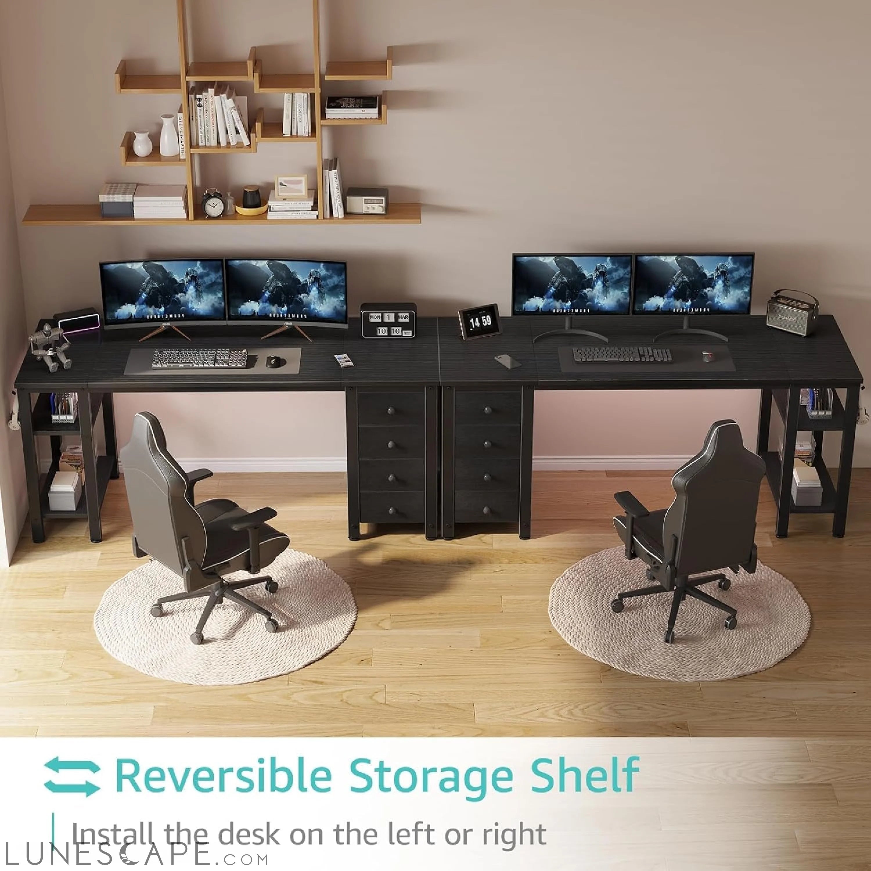 Gaming Desk with 4 Fabric Drawers & Storage Shelves, 55 Inch Computer LUNESCAPE