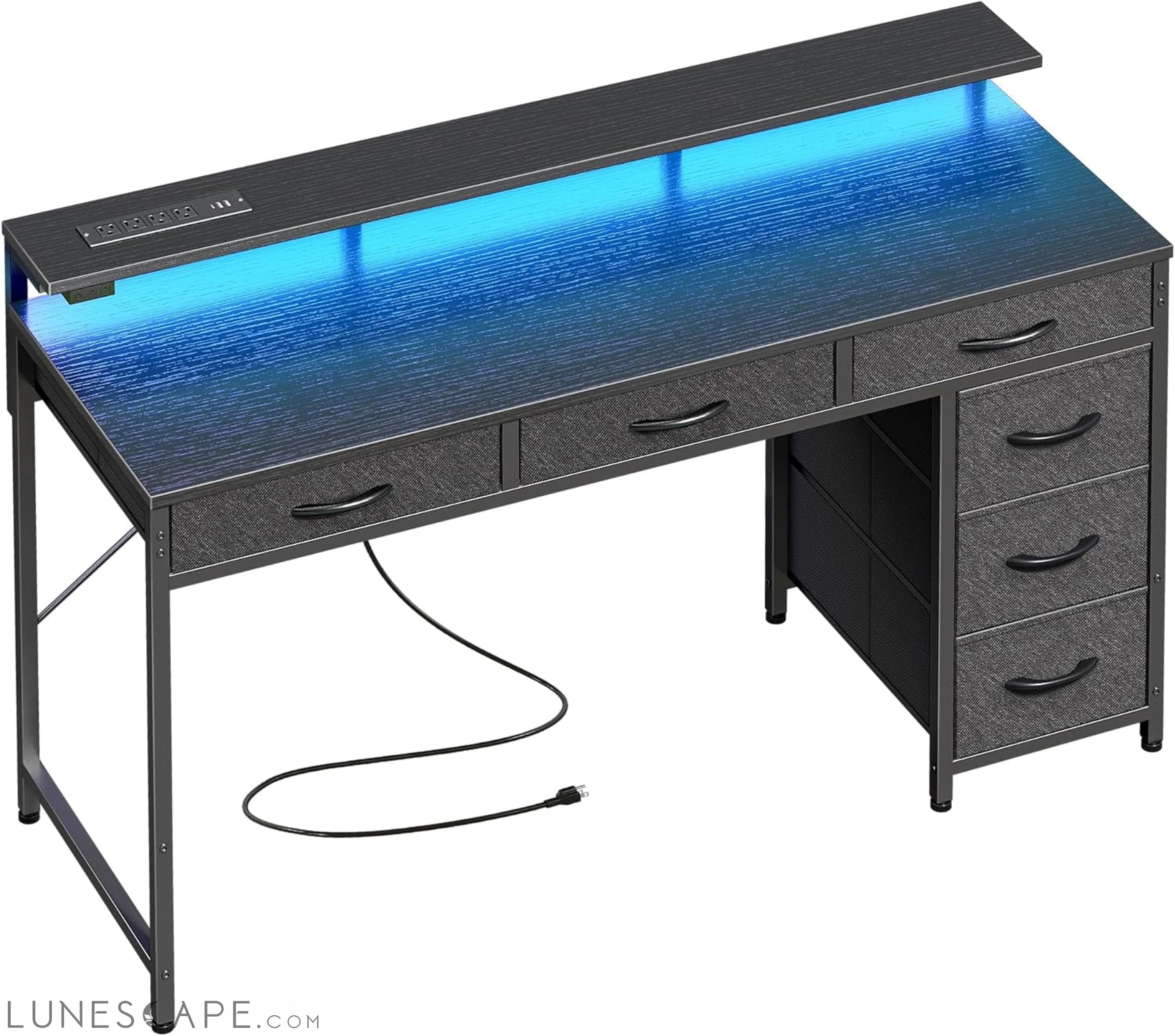 Gaming Desk with 6 Drawers, Computer Desk with LED Lights Power LUNESCAPE