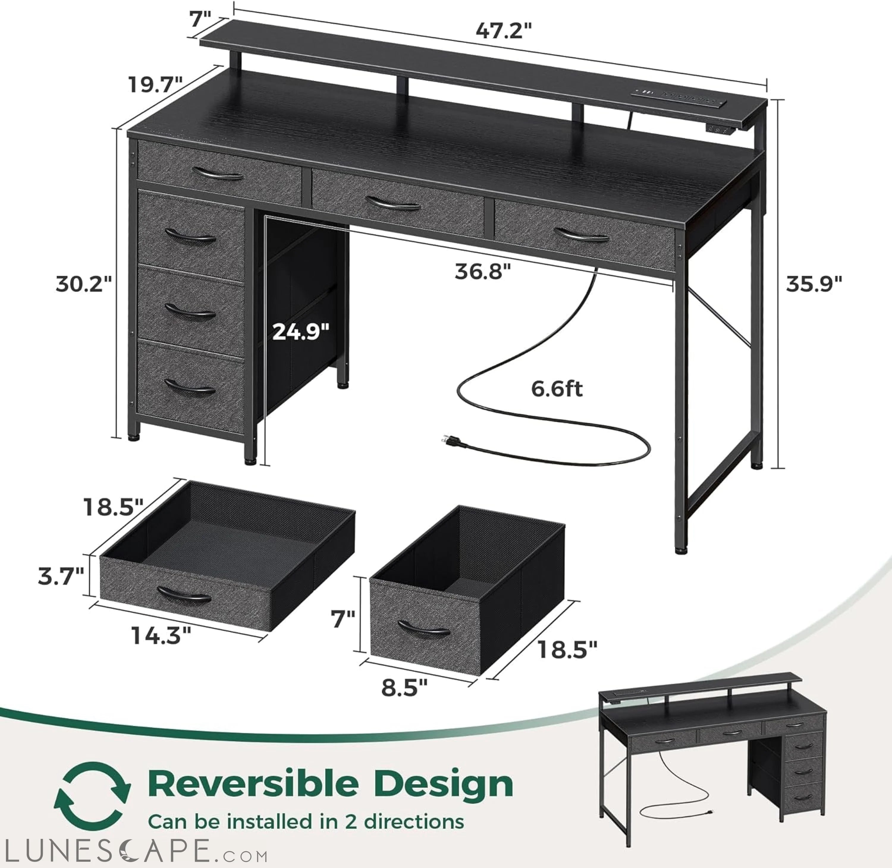 Gaming Desk with 6 Drawers, Computer Desk with LED Lights Power LUNESCAPE