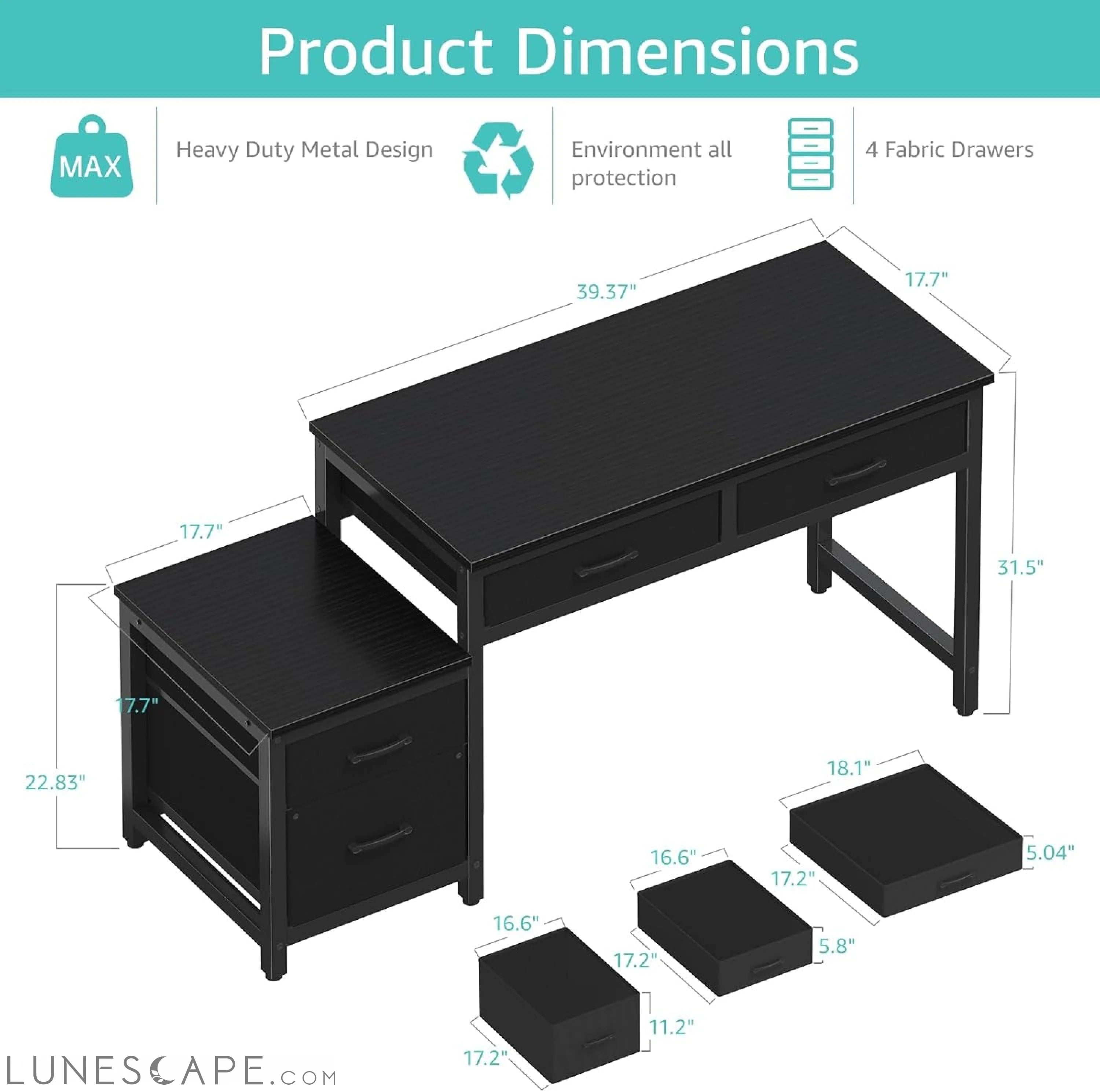 Gaming Desk with Fabric File Drawers Cabinet, 57 Inch Home Office LUNESCAPE