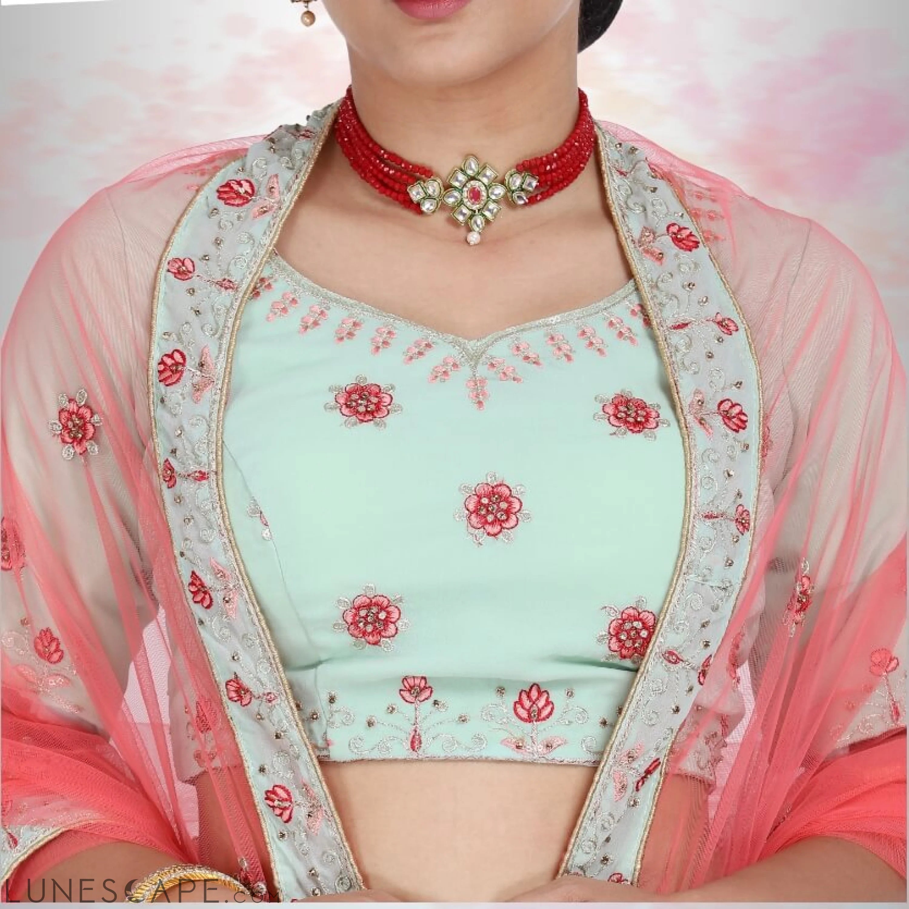 Georgette Lehenga With Readymade Blouse - Green LUNESCAPE