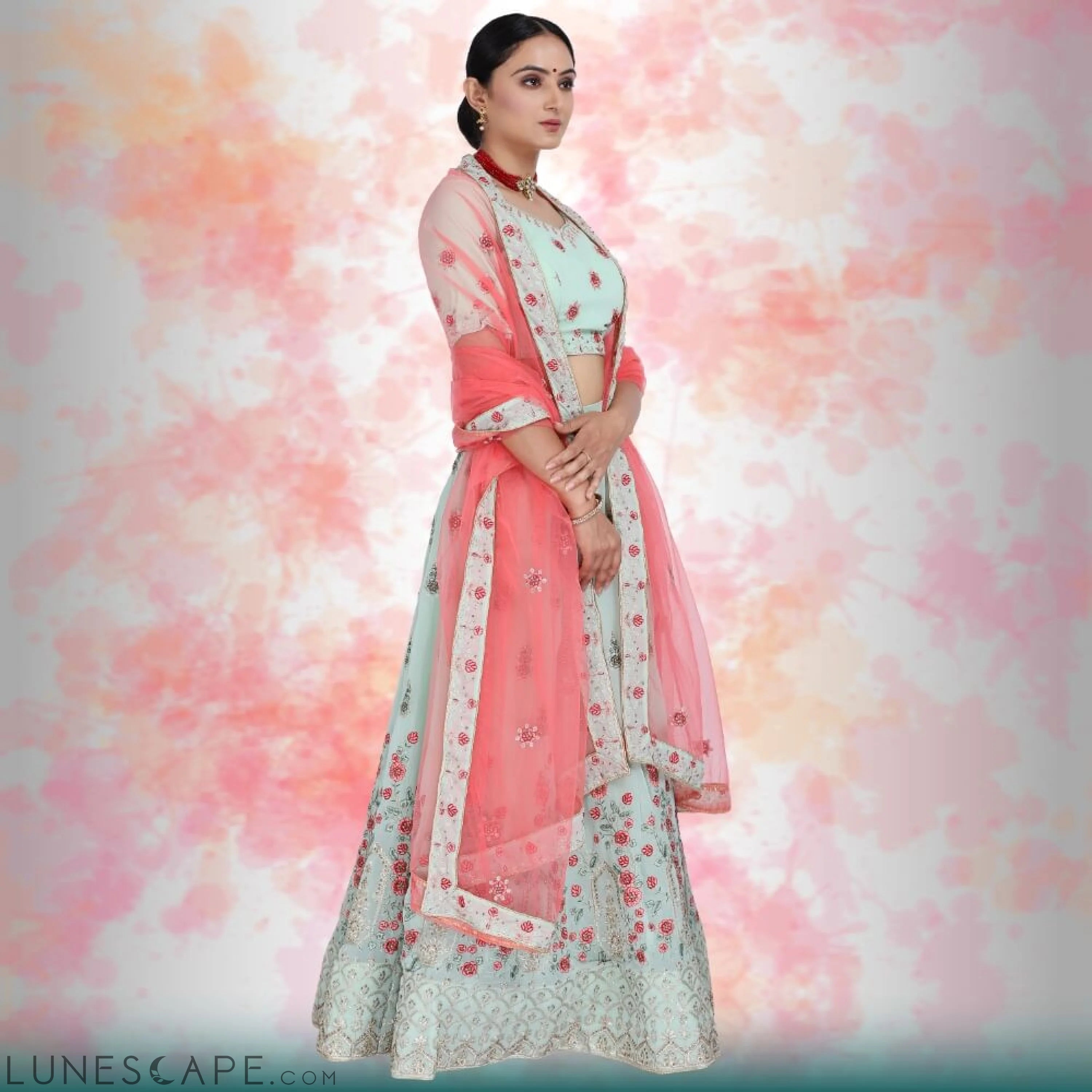 Georgette Lehenga With Readymade Blouse - Green LUNESCAPE