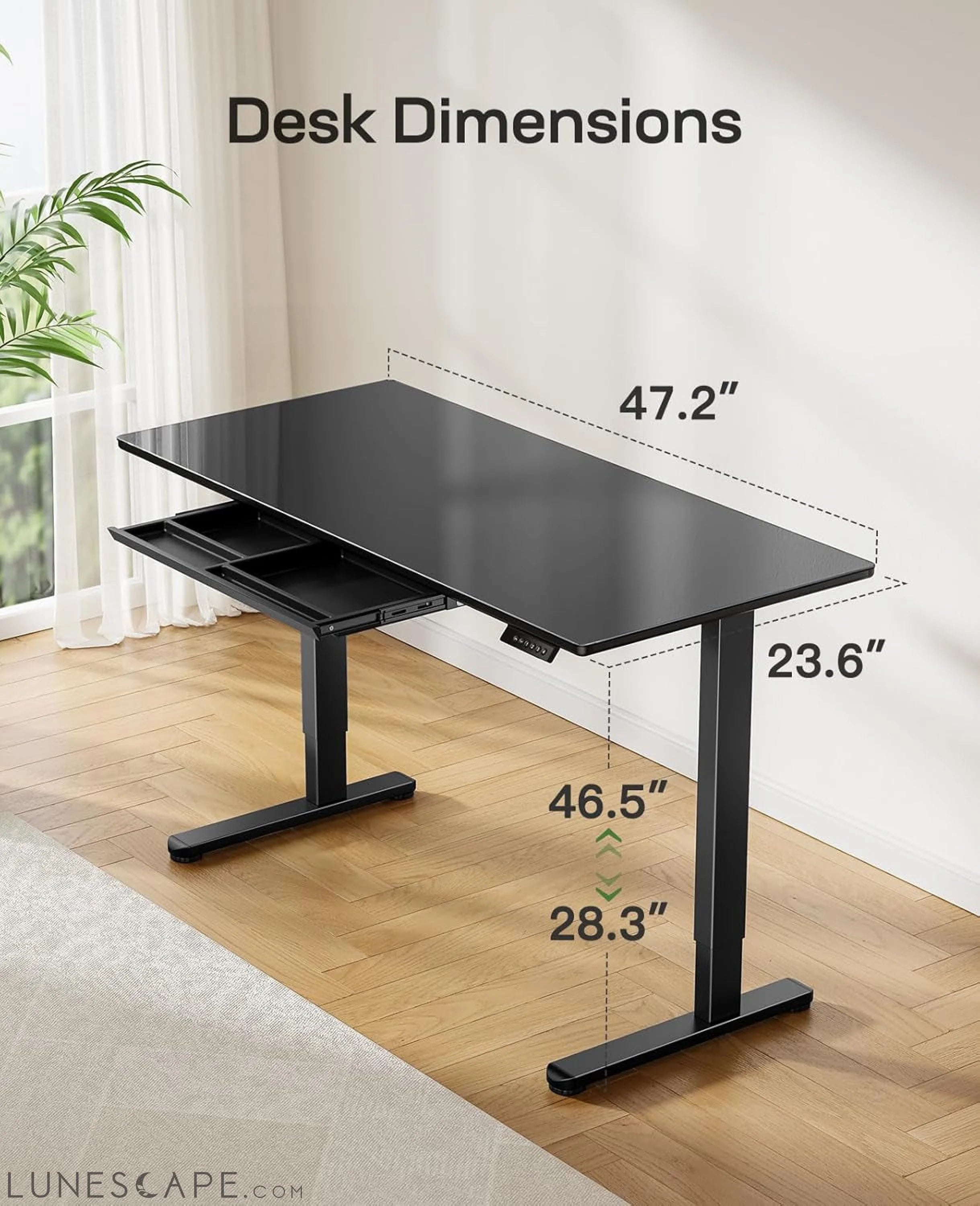 Glass Electric Standing Desk with Drawer, 48 X 24 Inches LUNESCAPE