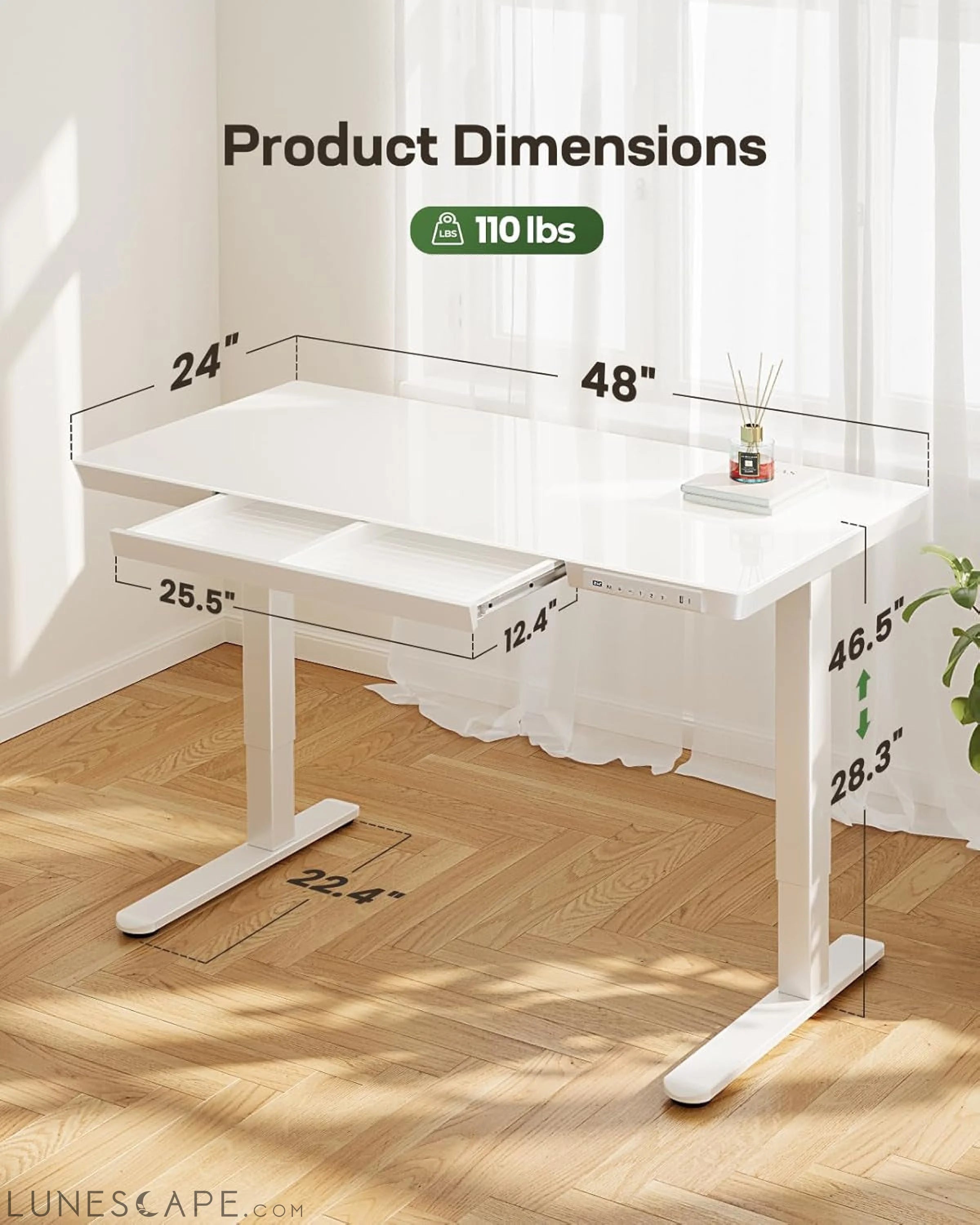 Glass Standing Desk with Drawer, 48 X 24 Inch Electric Standing Desk, LUNESCAPE