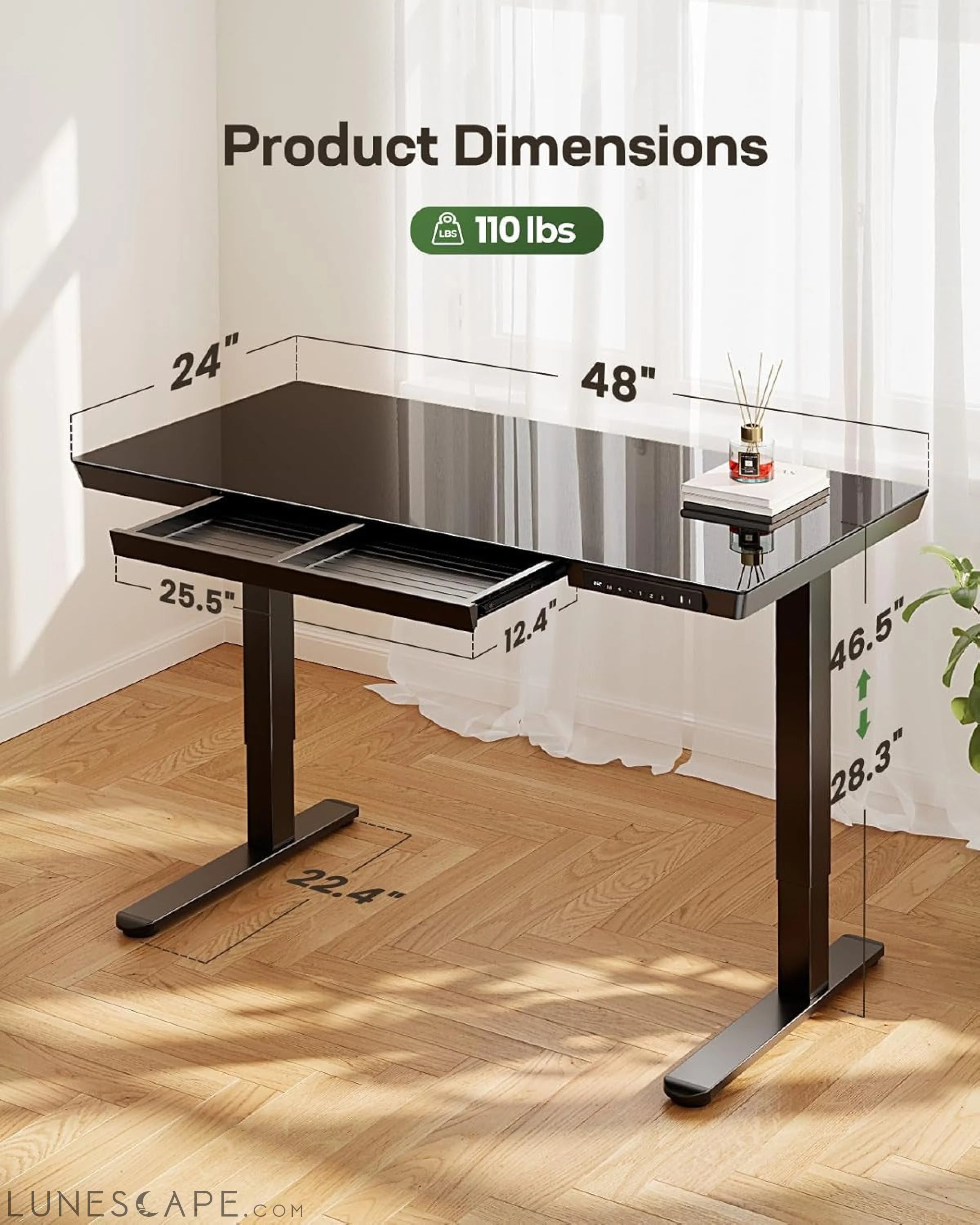 Glass Standing Desk with Drawer, 48 X 24 Inch Electric Standing Desk, LUNESCAPE