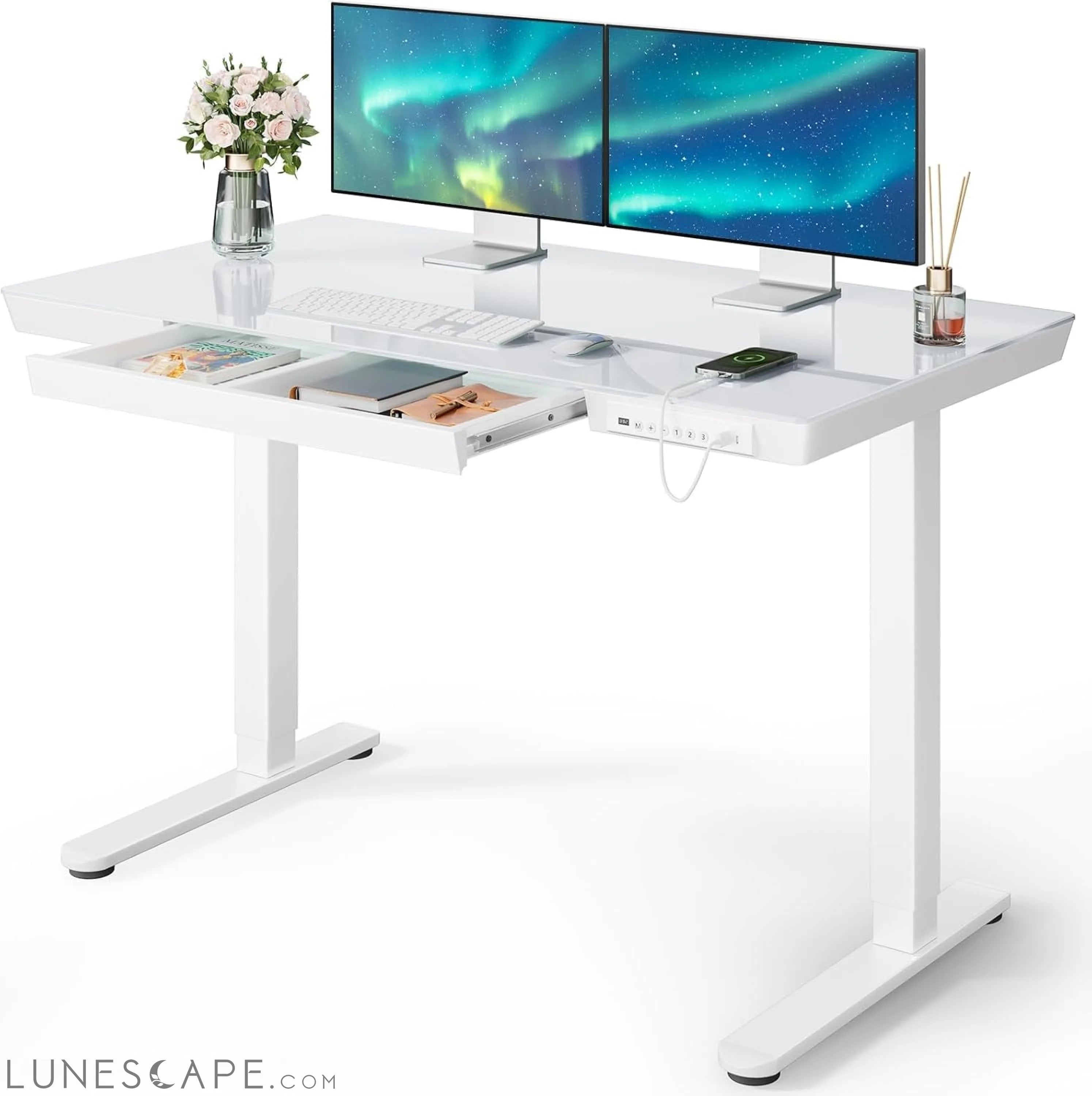 Glass Standing Desk with Drawer, 48 X 24 Inch Electric Standing Desk, LUNESCAPE