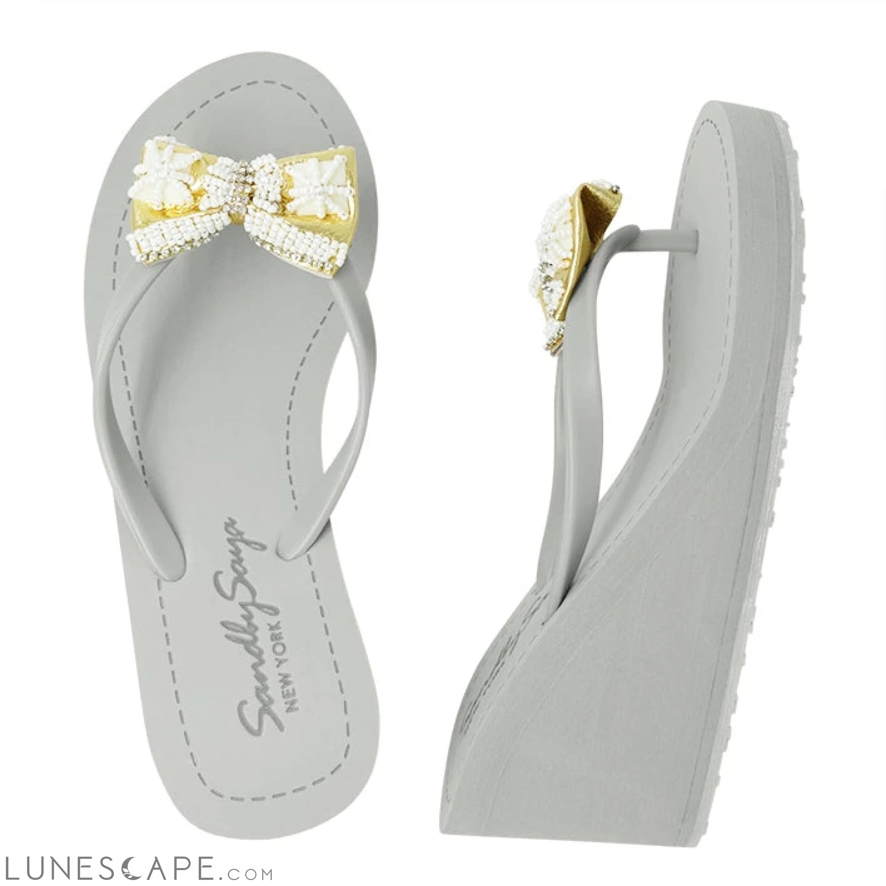 Gold and Pearl Bow- Embellished Women's High Wedge Flip Flops Sandal LUNESCAPE