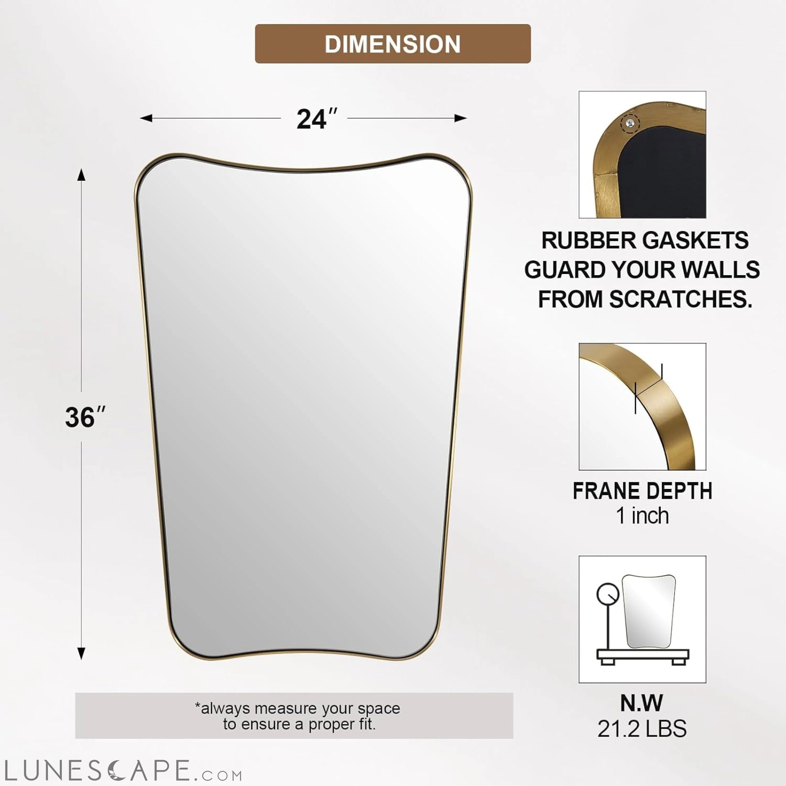 Gold Mirror, 24X36 Irregular Wall Mirror, Gold Antique Bathroom Vanity LUNESCAPE