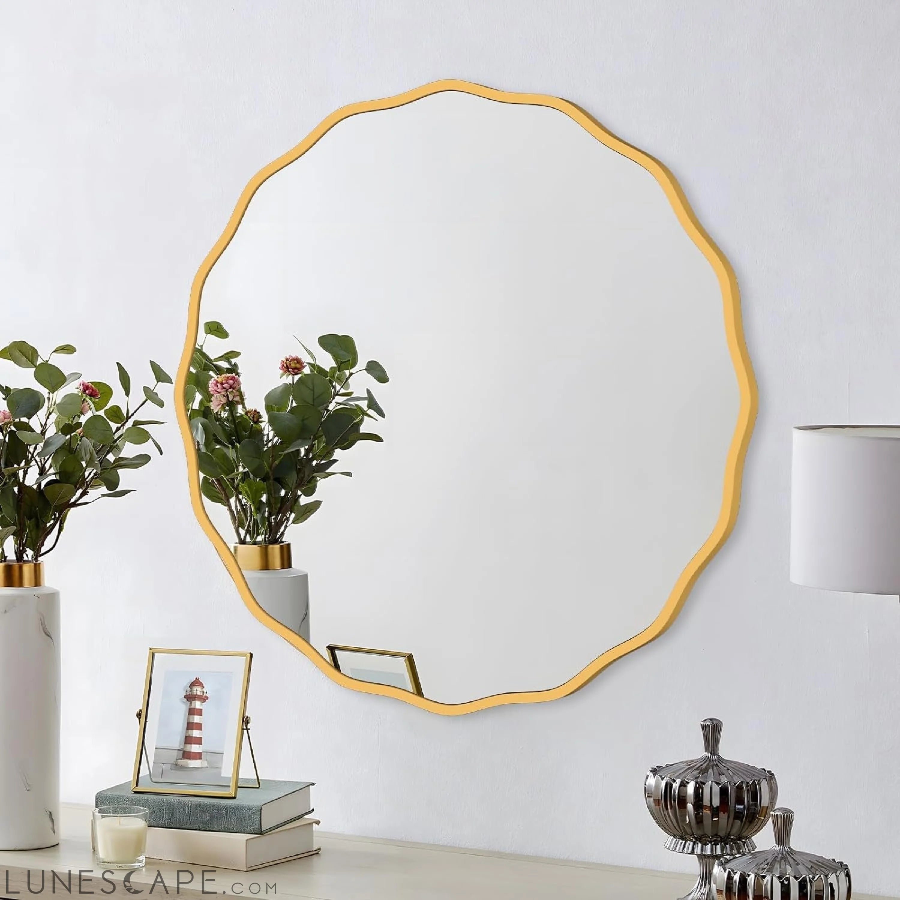 Gold round Mirror for Wall Decorative 24 Inch Modern Wavy Mirror Whit LUNESCAPE