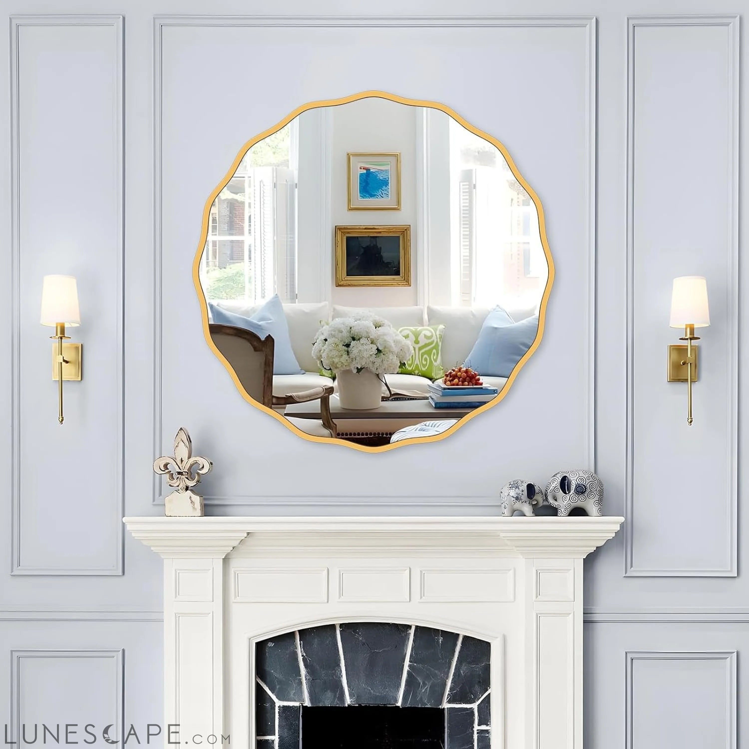 Gold round Mirror for Wall Decorative 24 Inch Modern Wavy Mirror Whit LUNESCAPE