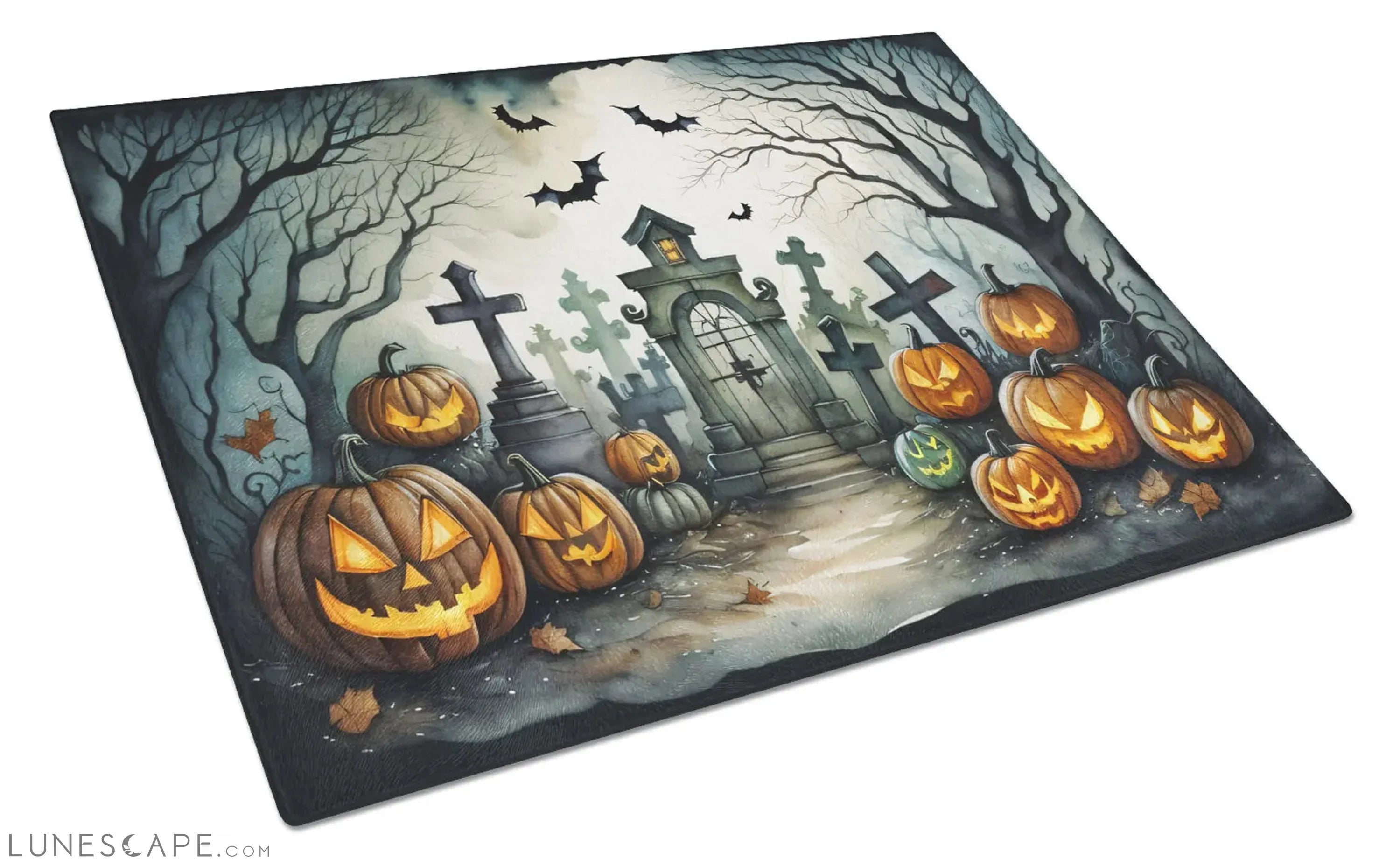 Graveyard Spooky Halloween Glass Cutting Board LUNESCAPE