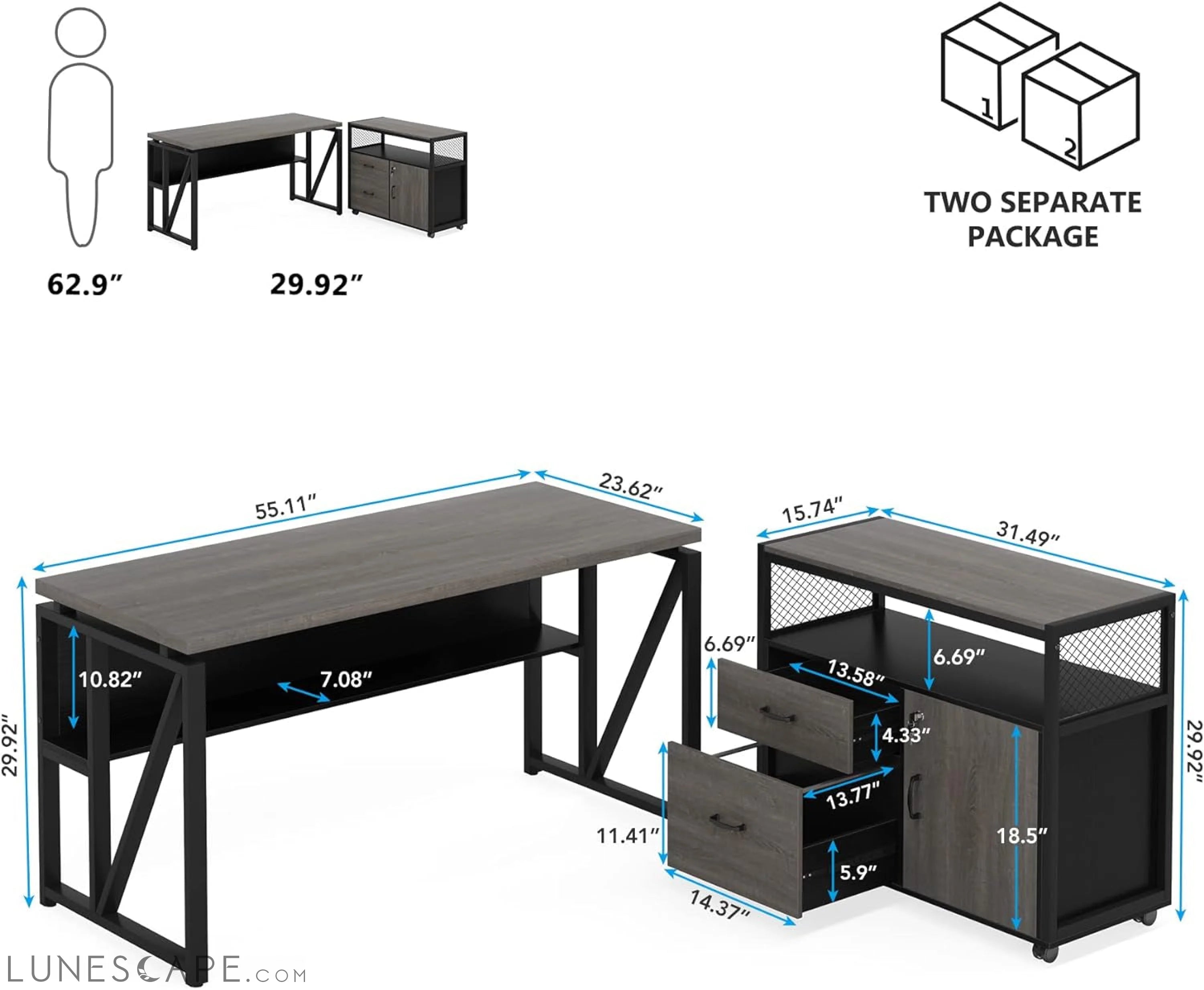 Gray L-Shaped Desk, 55", Storage LUNESCAPE