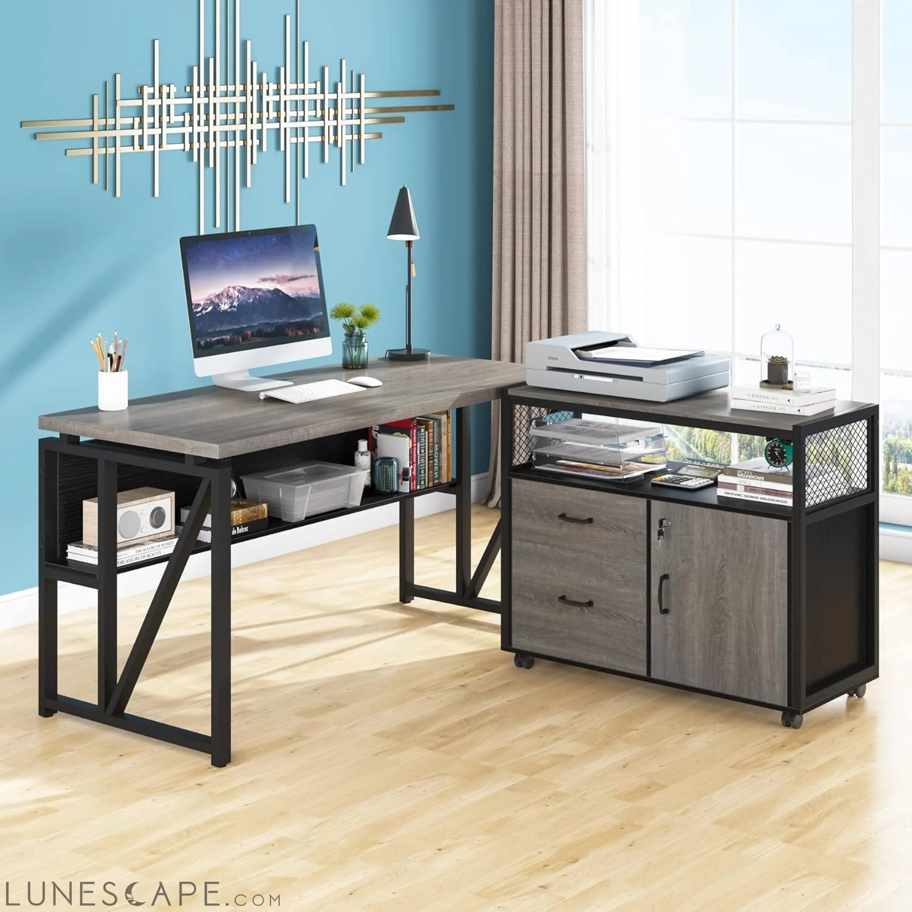 Gray L-Shaped Desk, 55", Storage LUNESCAPE
