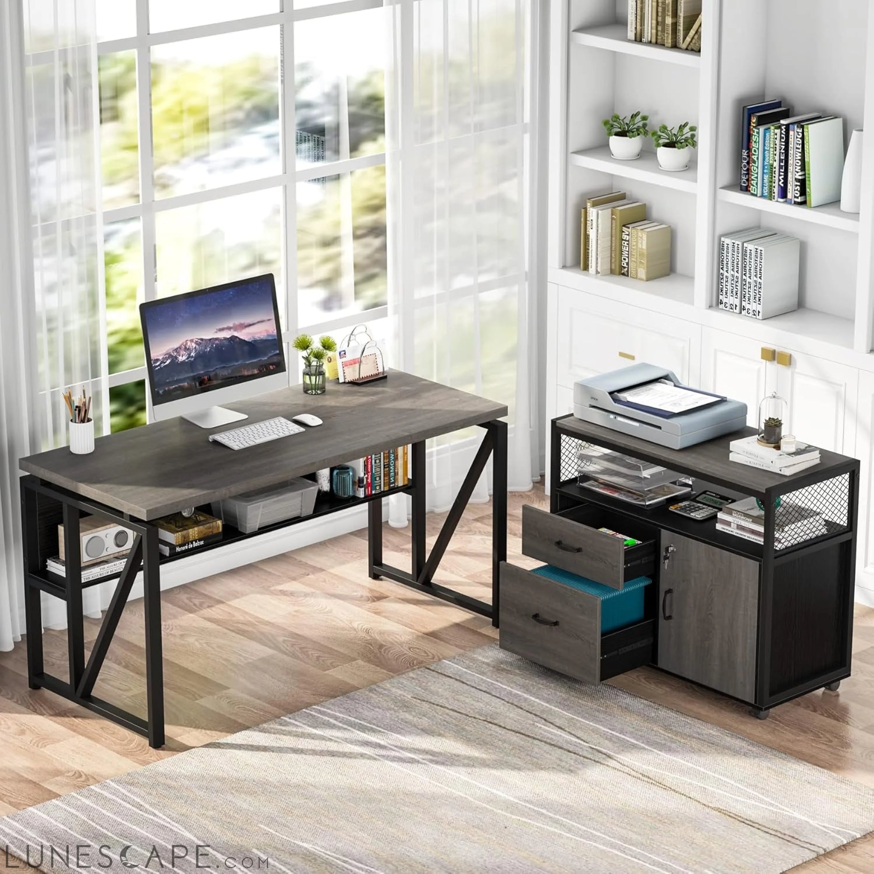 Gray L-Shaped Desk, 55", Storage LUNESCAPE