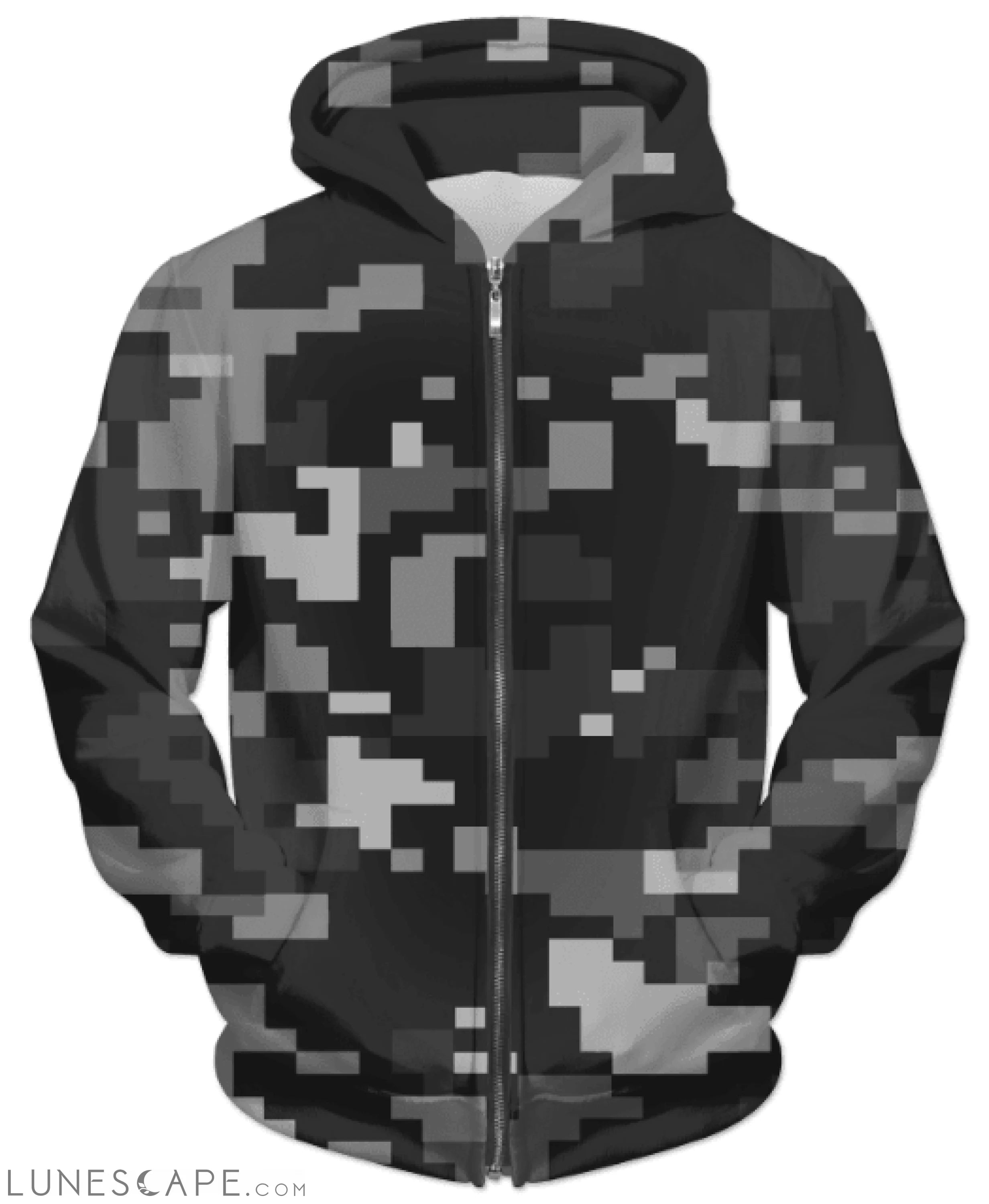 Grayscale Pixel Camo Zipped Fleece Jacket LUNESCAPE