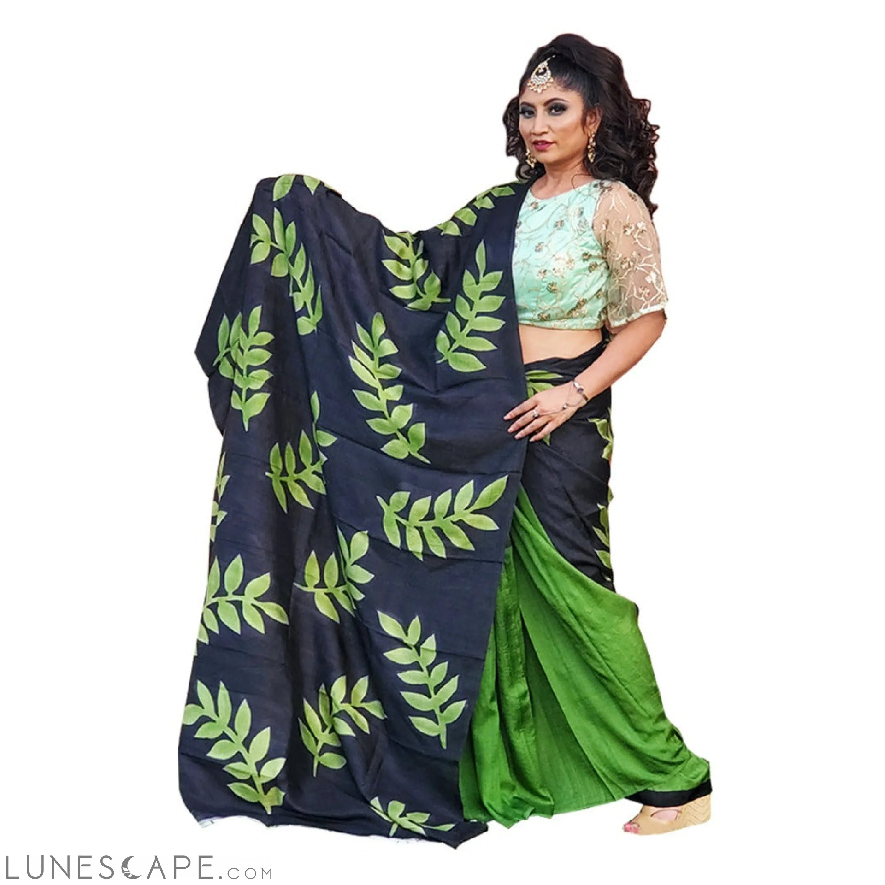 Green and Black Pure Silk Hand Painted Saree LUNESCAPE
