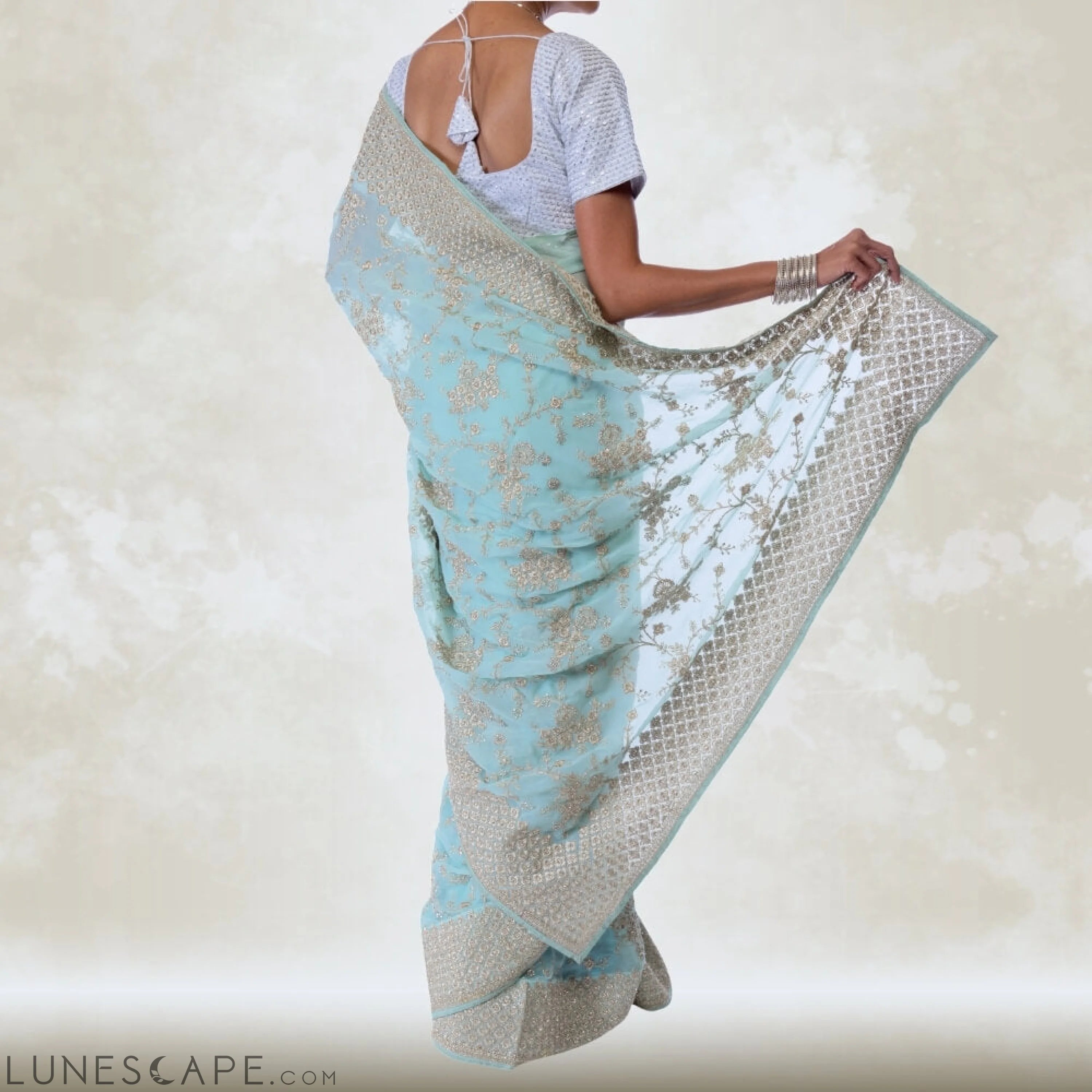 Green Georgette Saree With Gold Embroidery LUNESCAPE