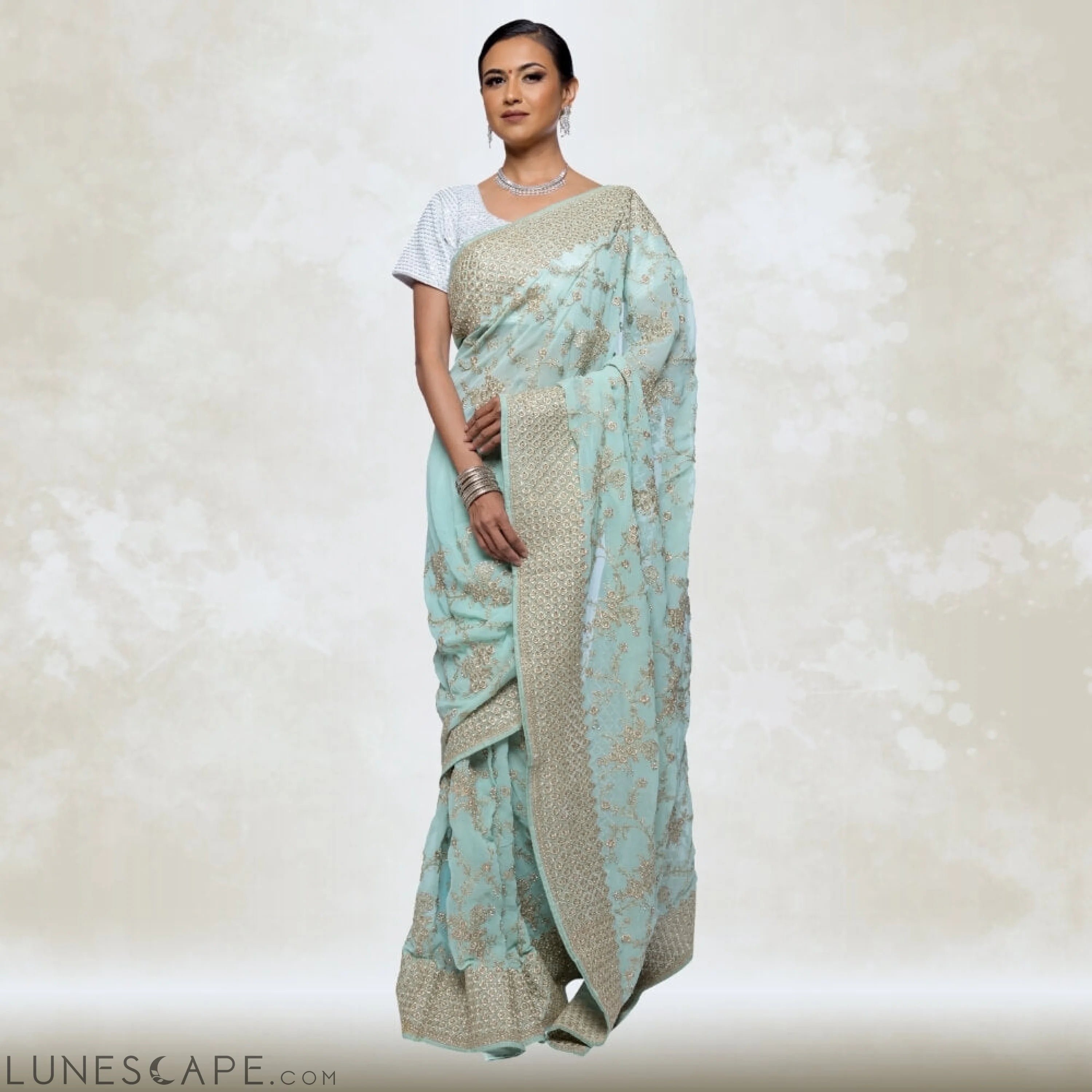Green Georgette Saree With Gold Embroidery LUNESCAPE