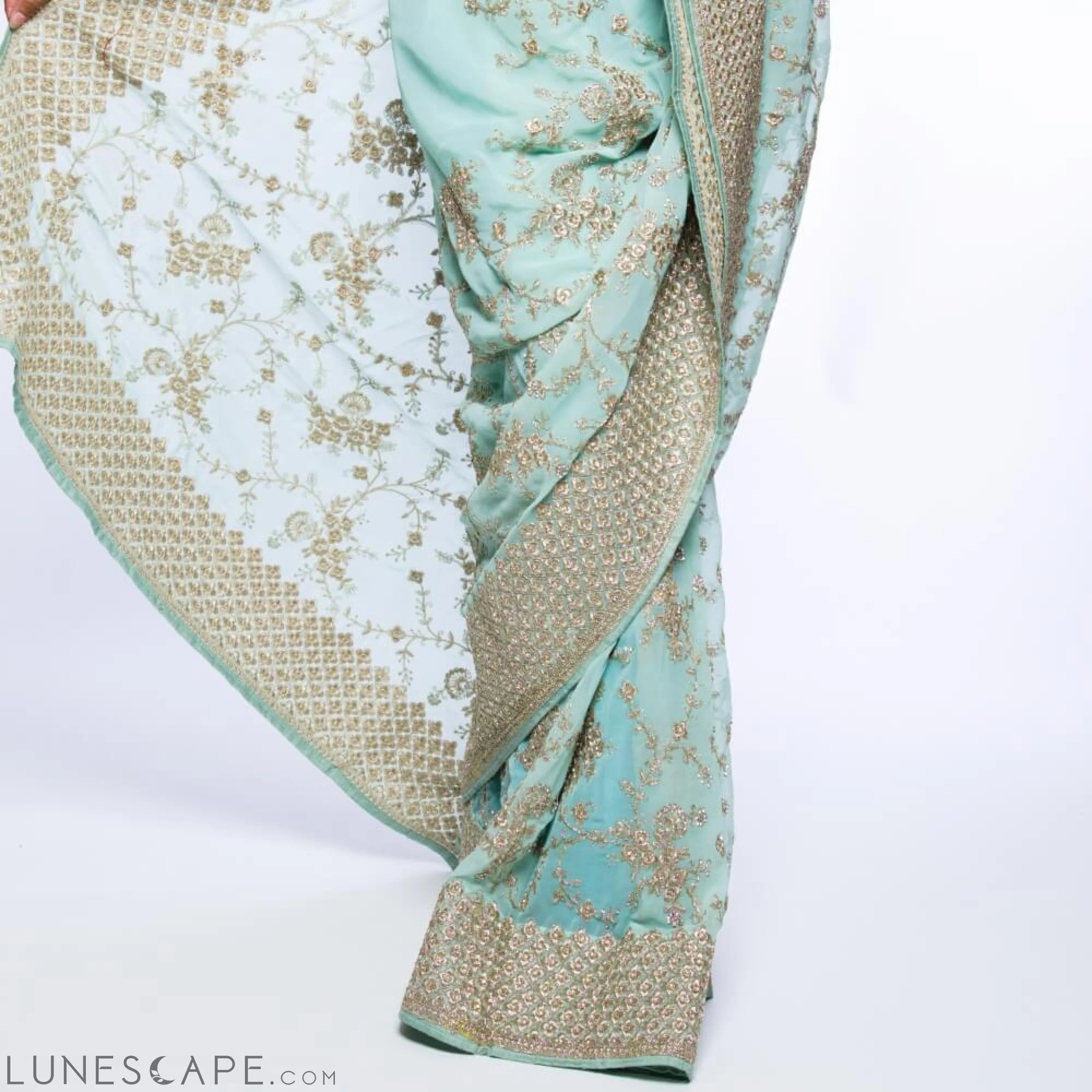 Green Georgette Saree With Gold Embroidery LUNESCAPE