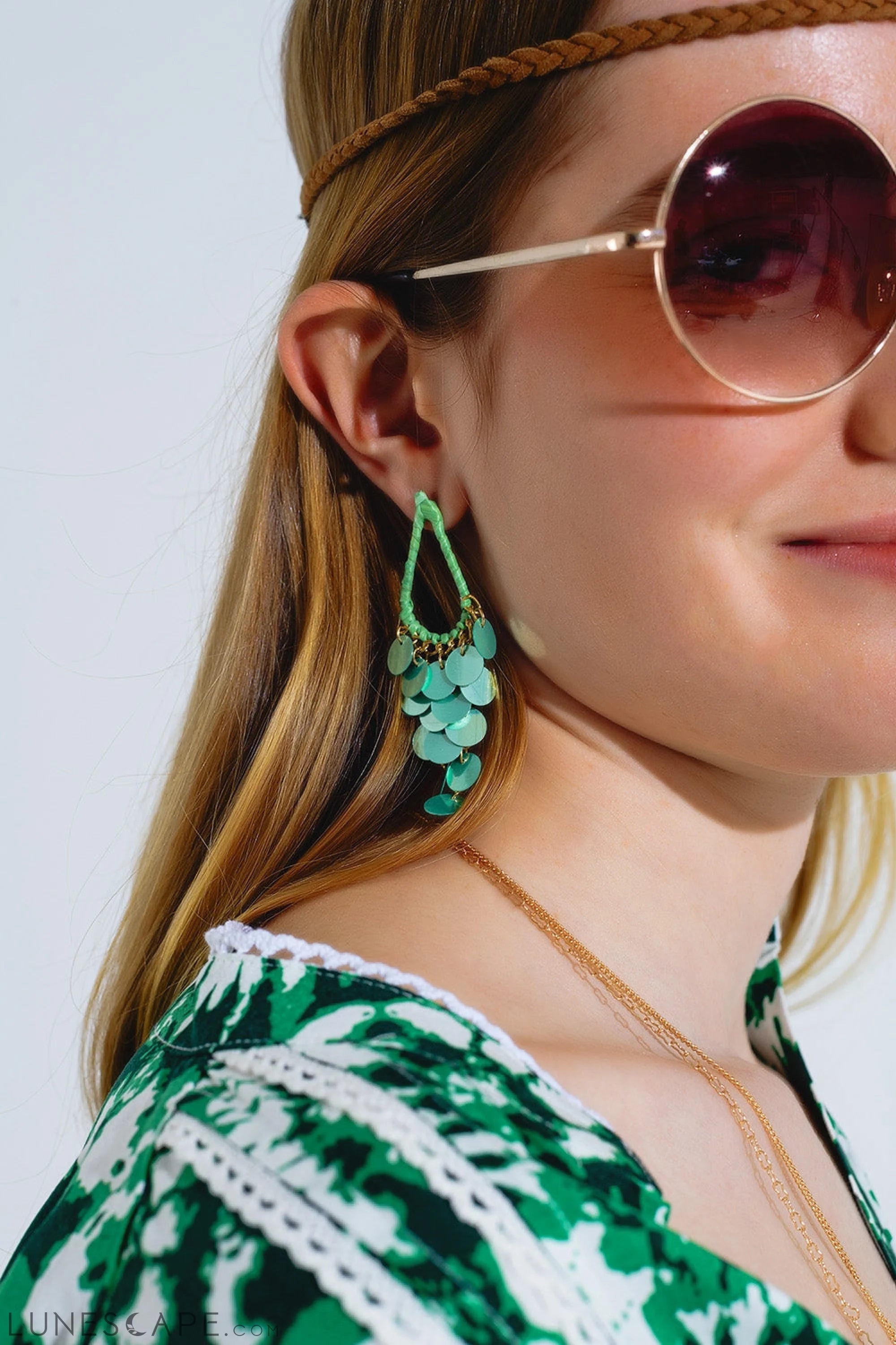 Green Waterdrop Earrings With Cascading Sequins LUNESCAPE