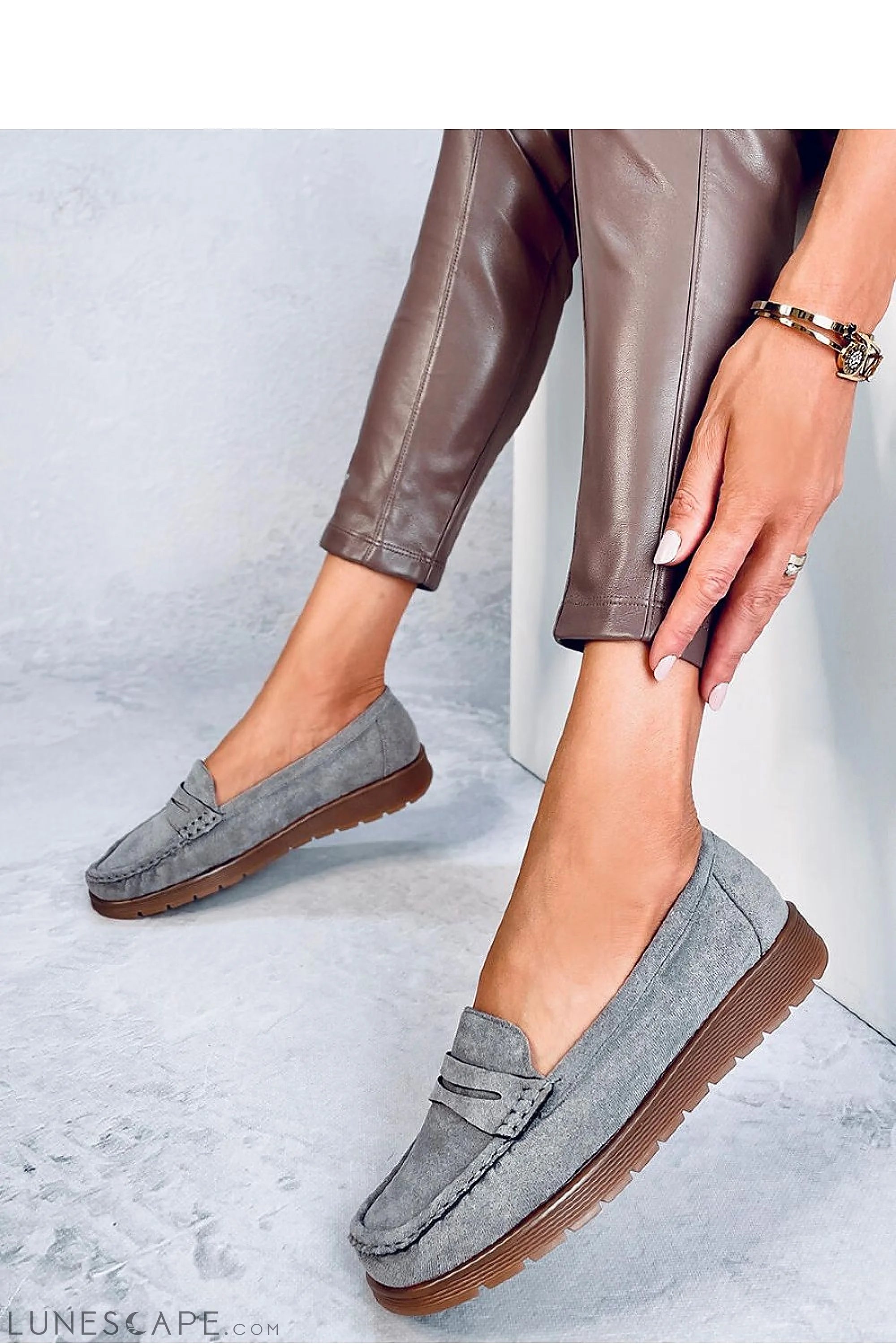 Grey Eco-Suede Women’s Loafers with Penny Slot and Brown Sole LUNESCAPE