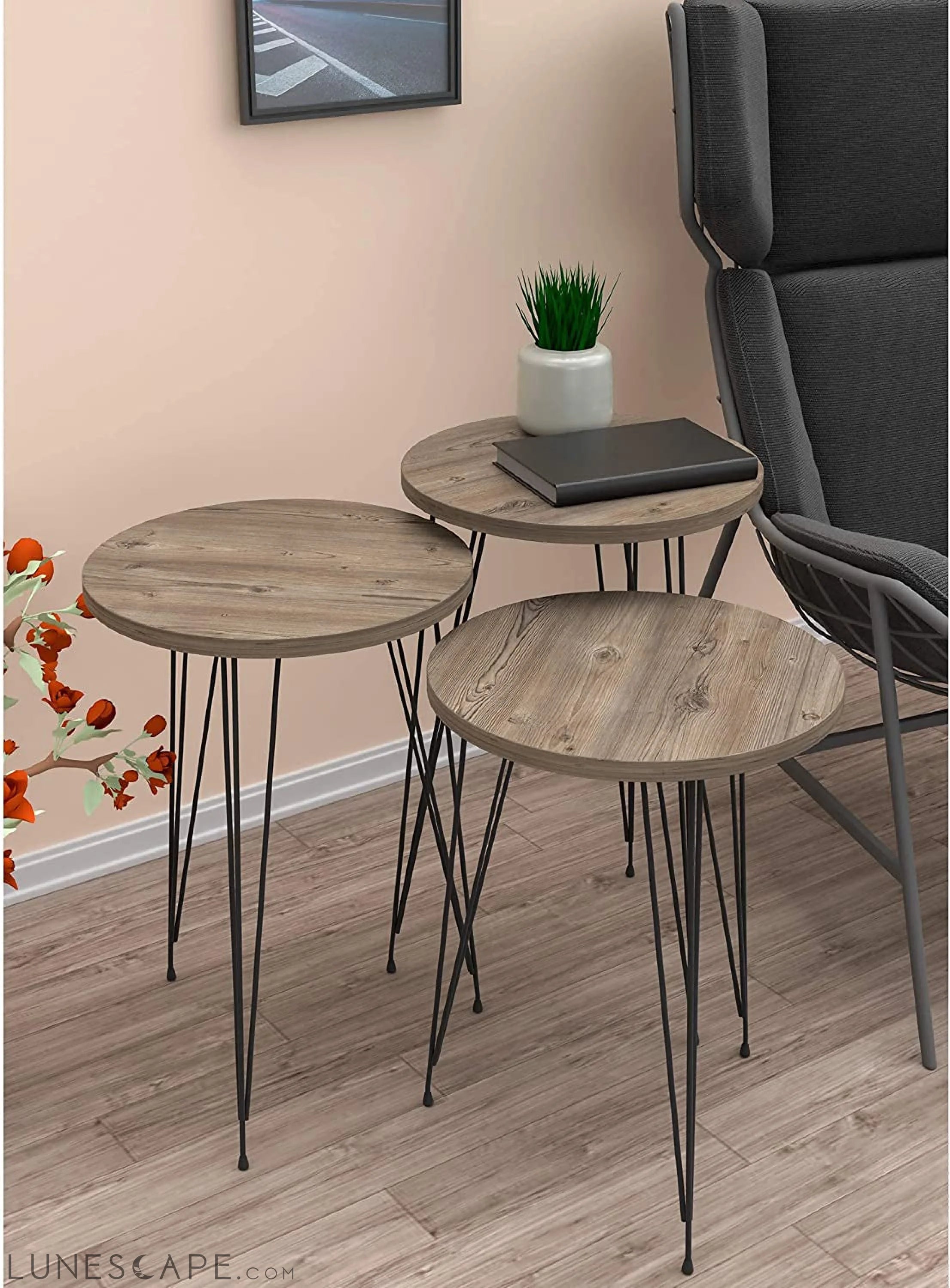 Grey Pine Wood Nesting End Tables Set of 3 LUNESCAPE