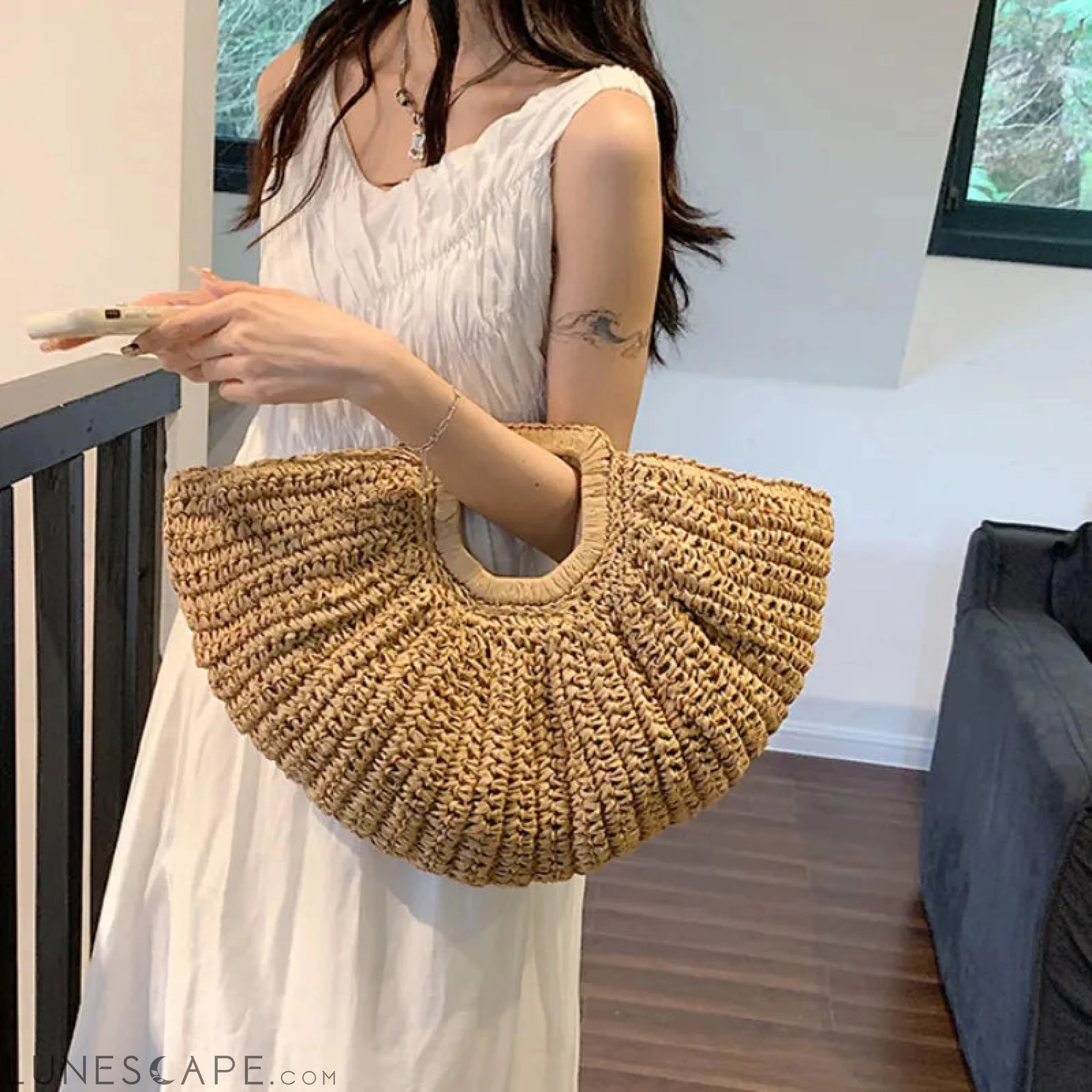 Half Moon Design Basket Beach Straw Bag LUNESCAPE