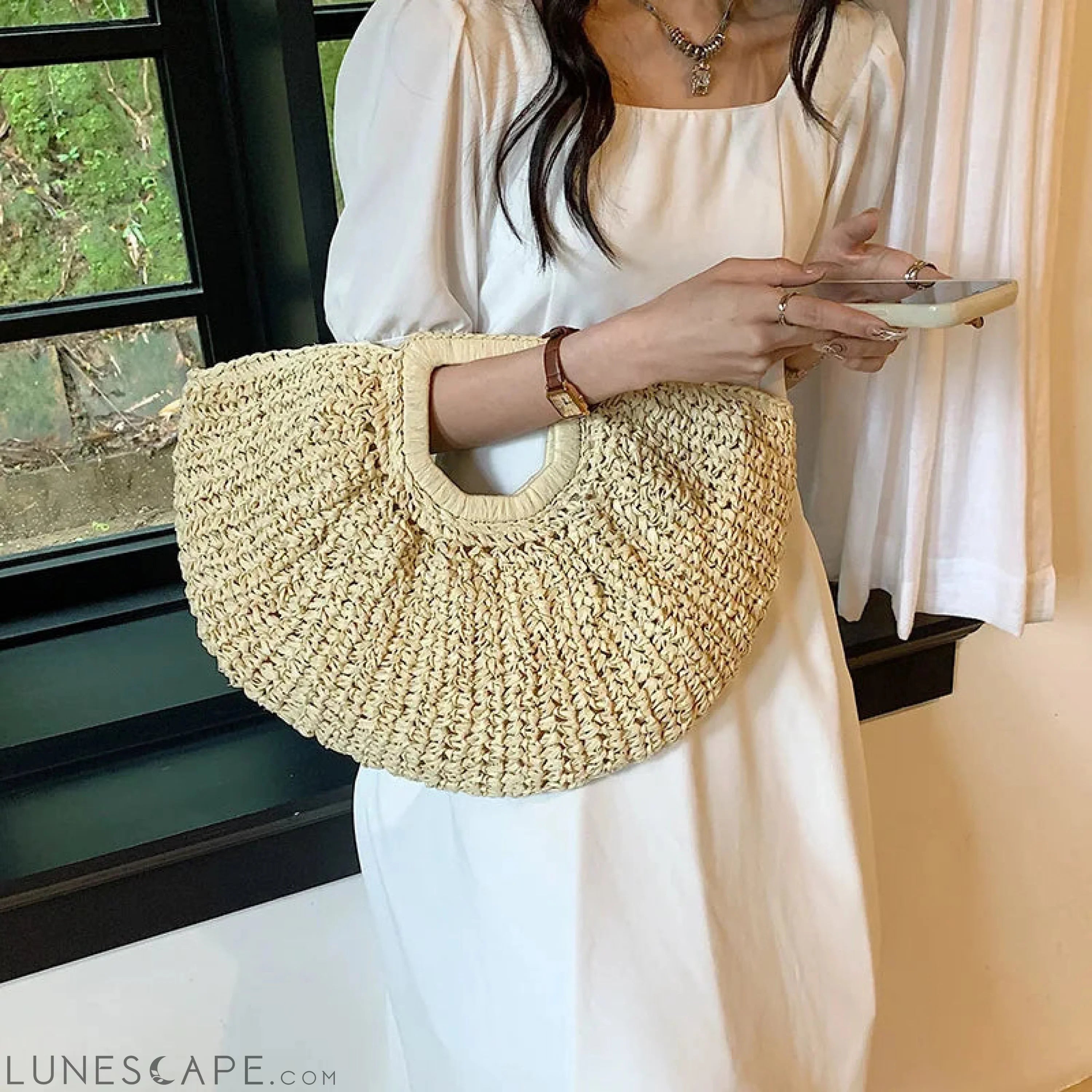 Half Moon Design Basket Beach Straw Bag LUNESCAPE