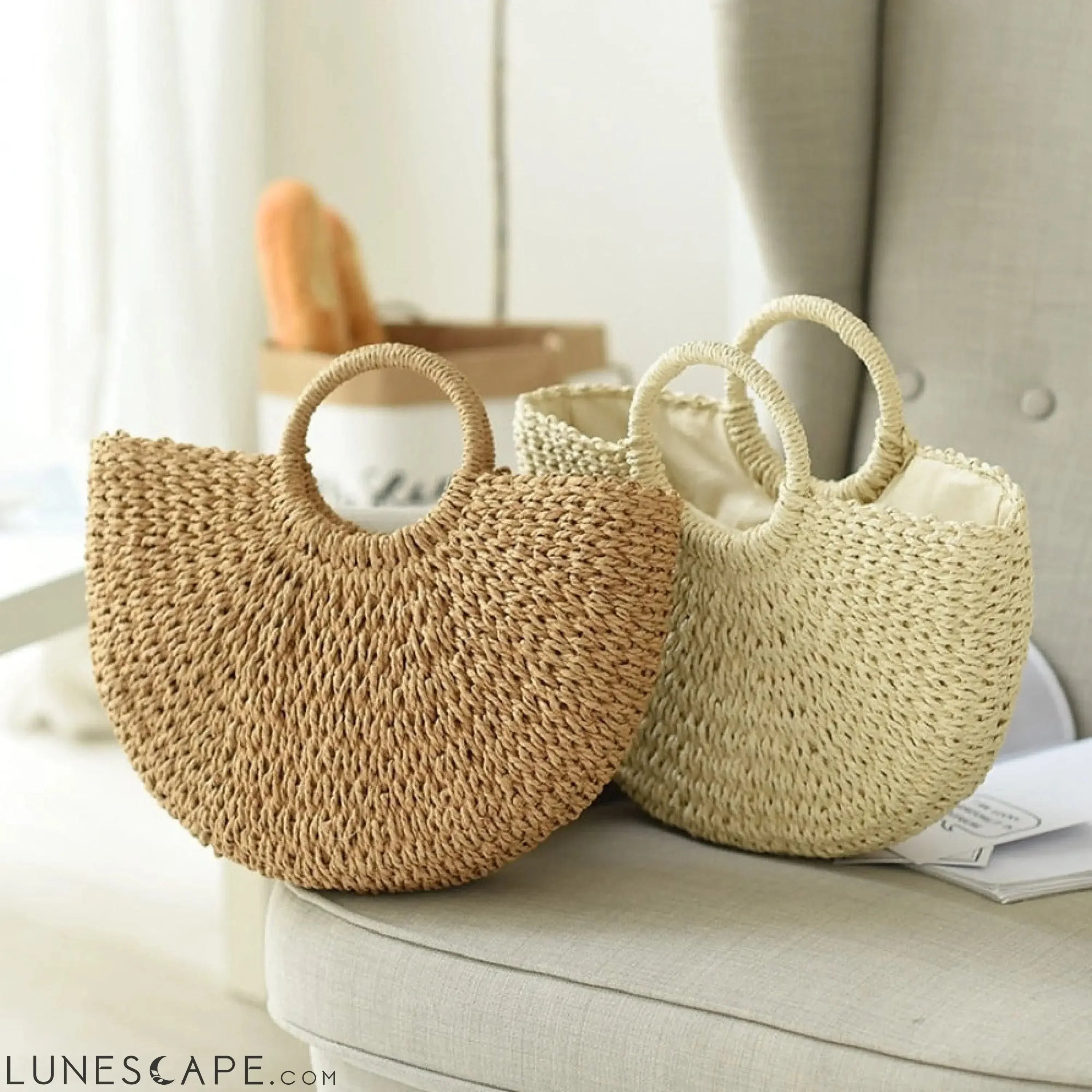 Half-Moon Top Handle Raffia Shopper Tote Bag LUNESCAPE