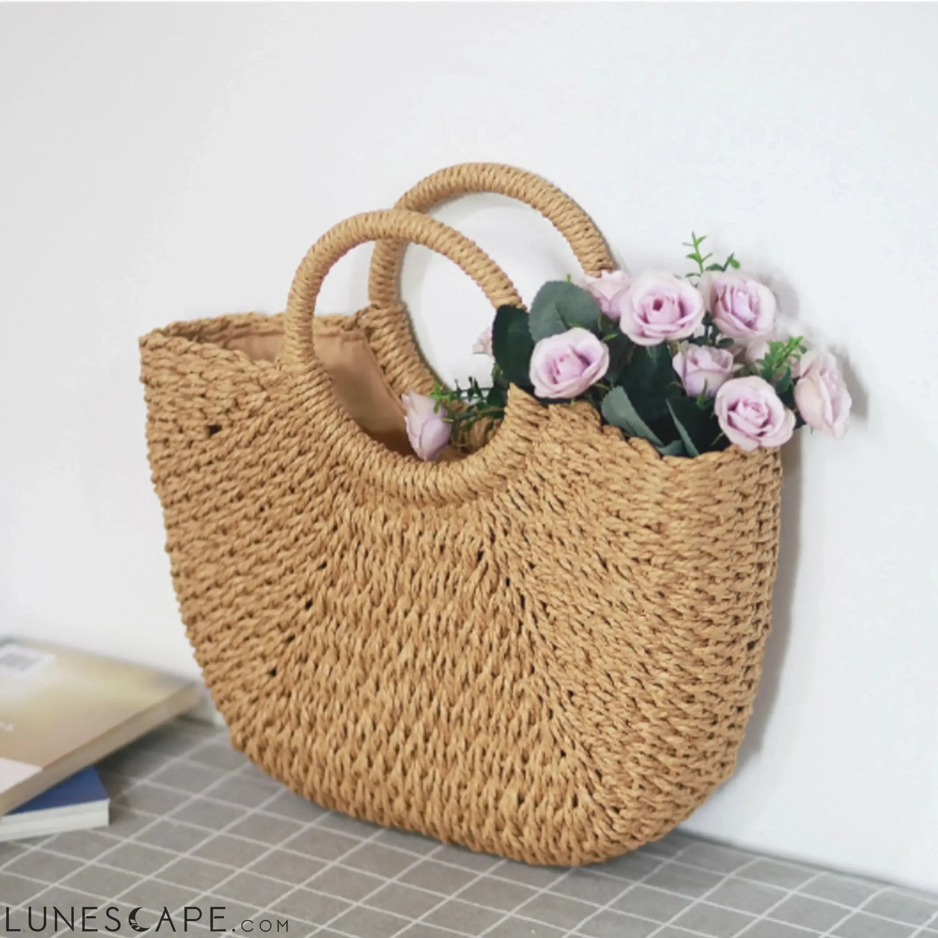 Half-Moon Top Handle Raffia Shopper Tote Bag LUNESCAPE
