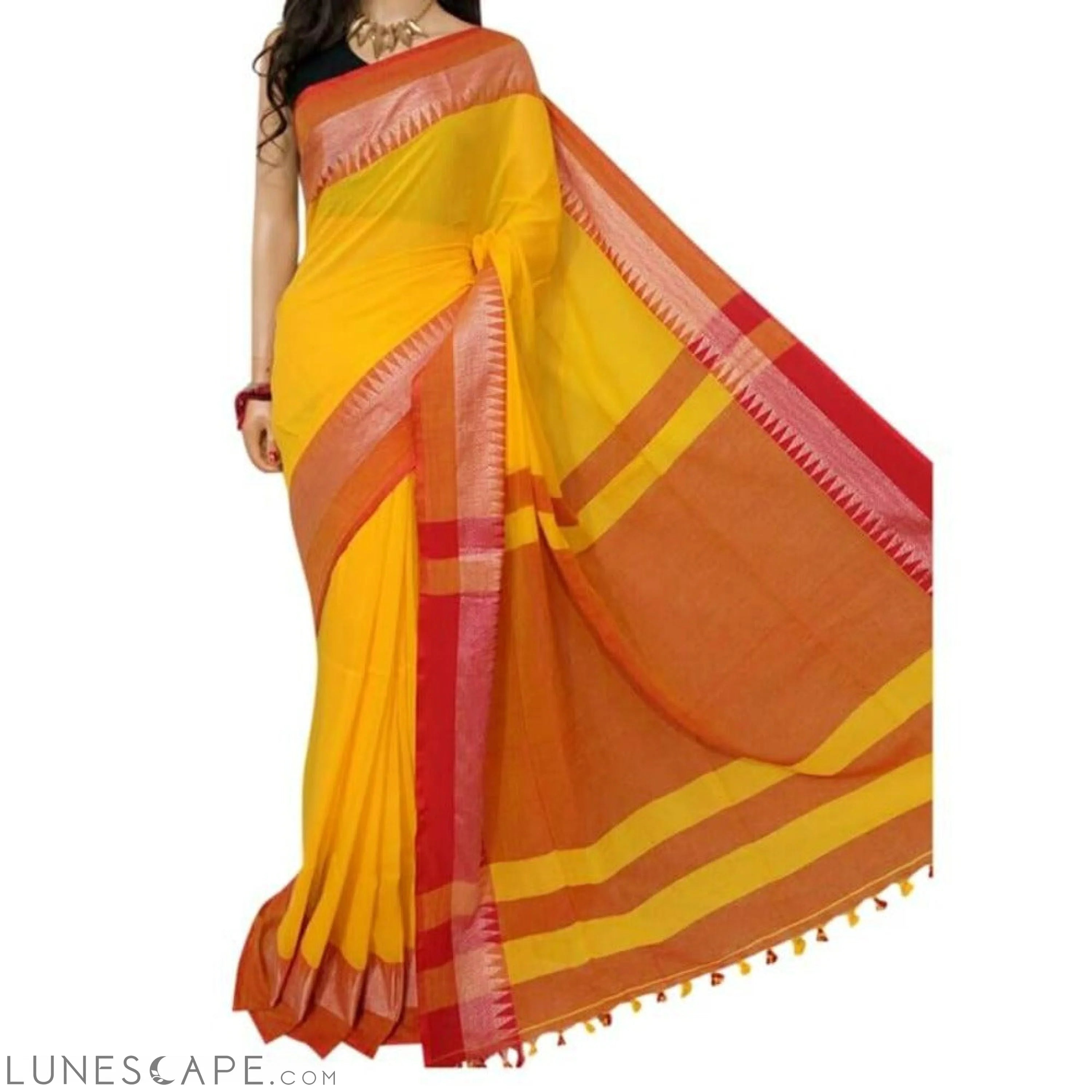 Handloom Cotton Saree With Jari Border- Yellow LUNESCAPE
