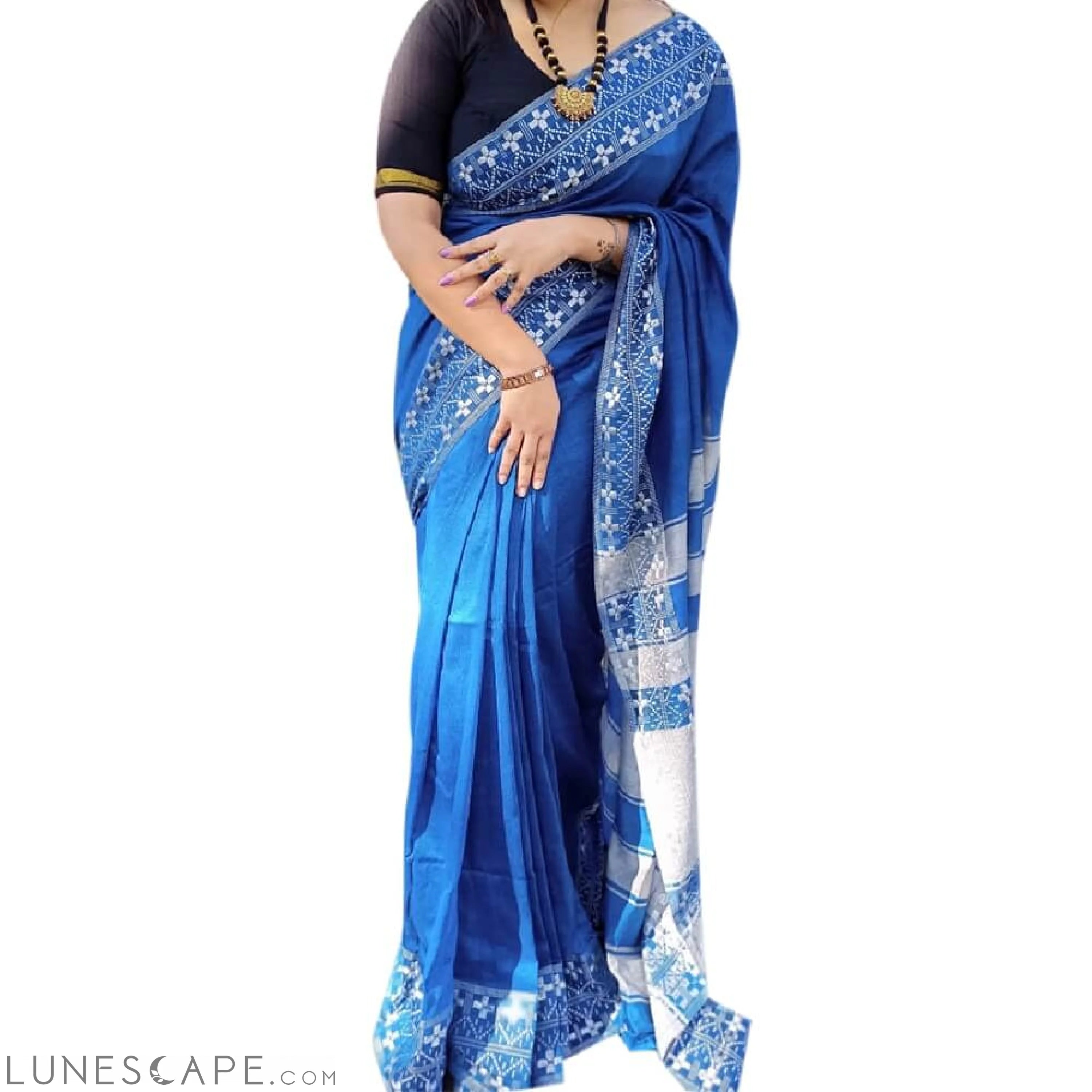 Handloom Cotton Silk Saree With White Embroidery - Blue LUNESCAPE