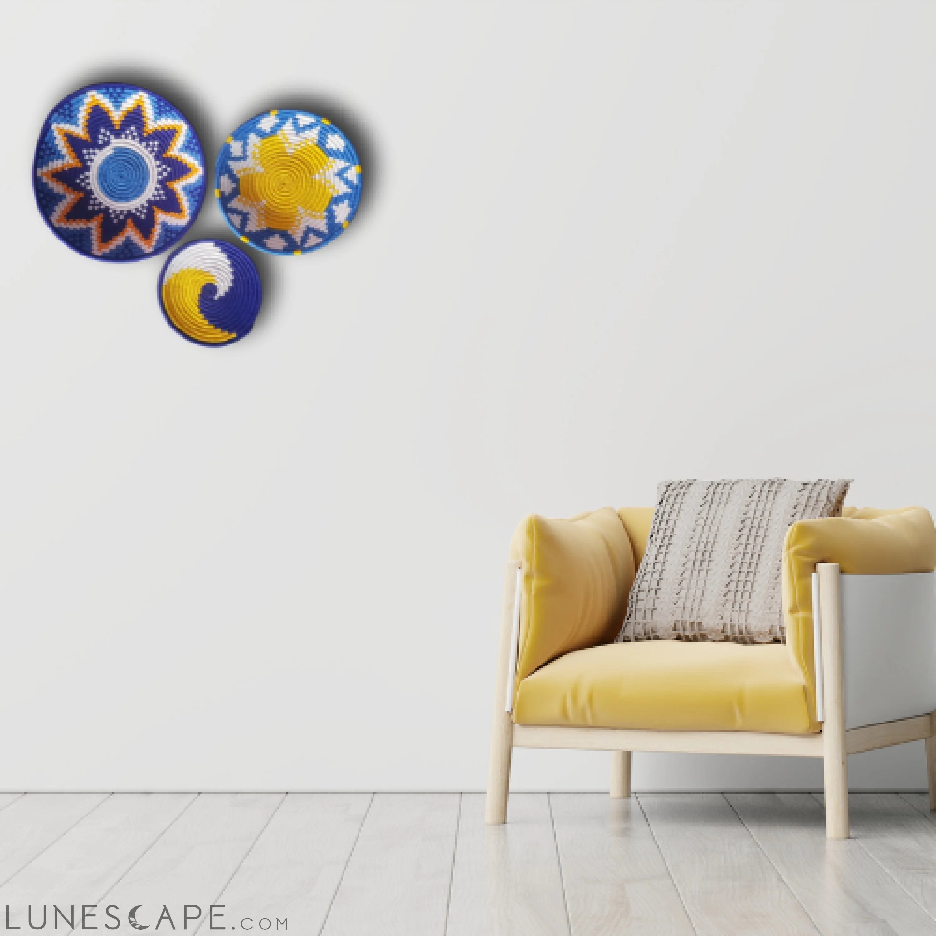 Handwoven Set of 3 Decorative Star & Swirl Plates - Yellow, White Orange & Blue LUNESCAPE