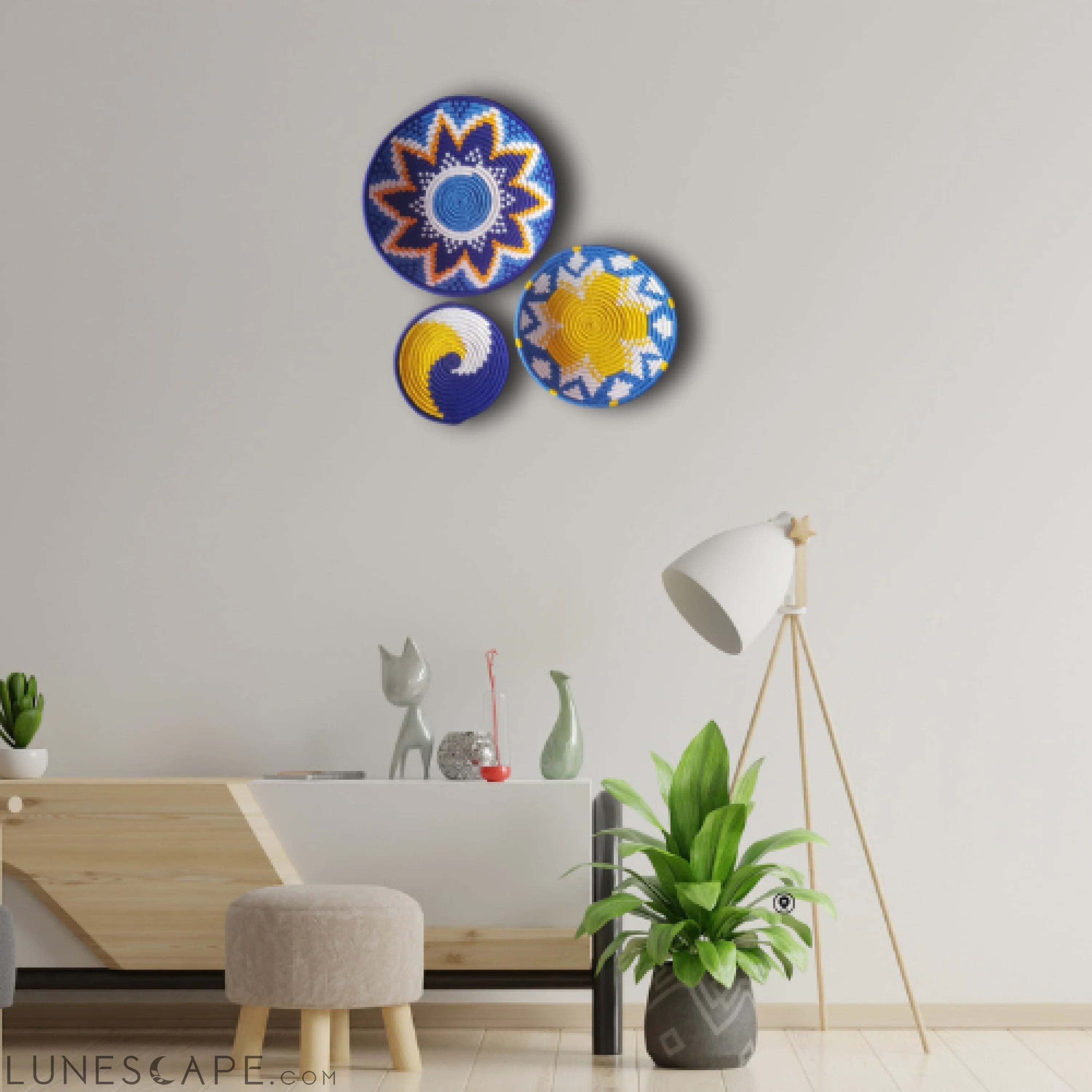 Handwoven Set of 3 Decorative Star & Swirl Plates - Yellow, White Orange & Blue LUNESCAPE