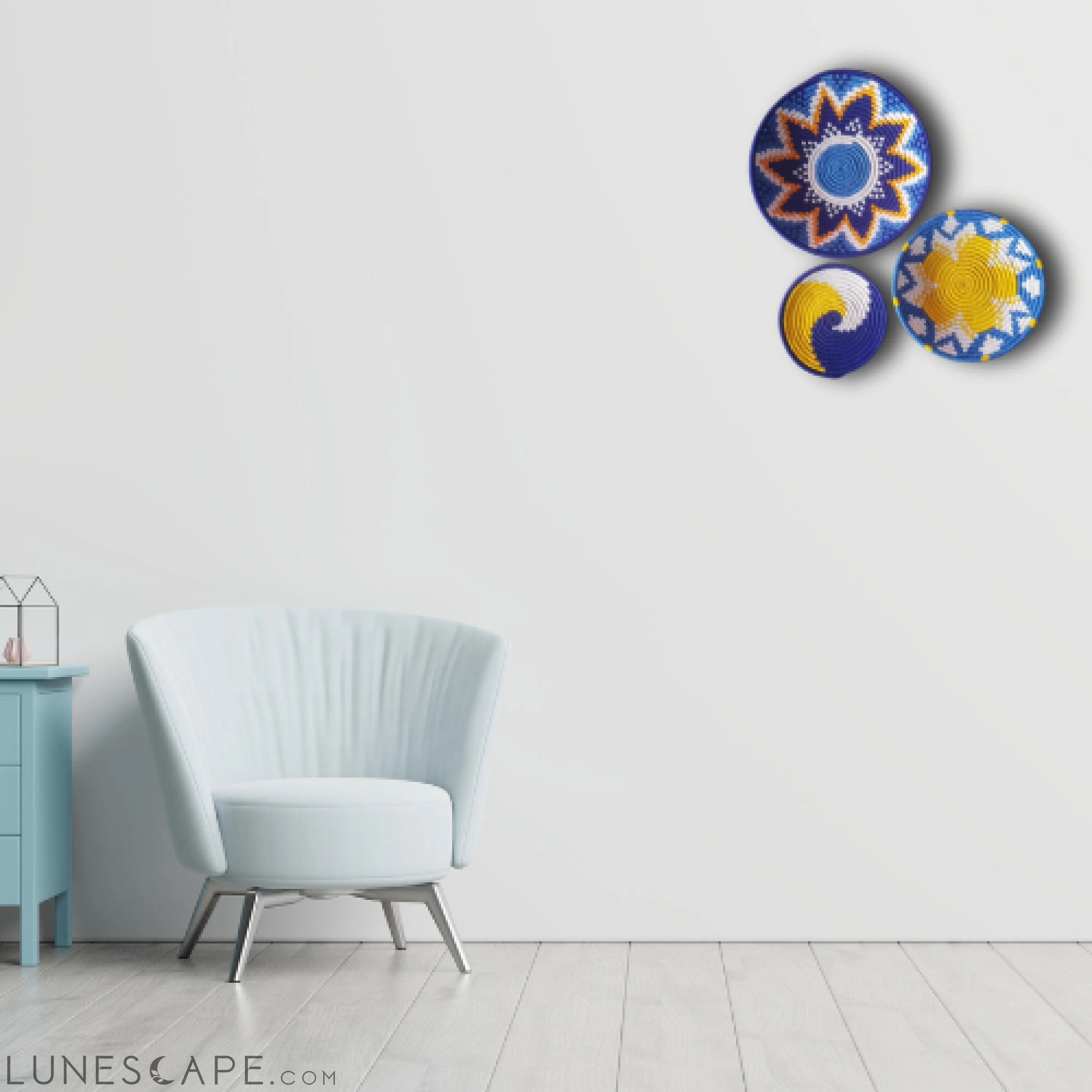 Handwoven Set of 3 Decorative Star & Swirl Plates - Yellow, White Orange & Blue LUNESCAPE