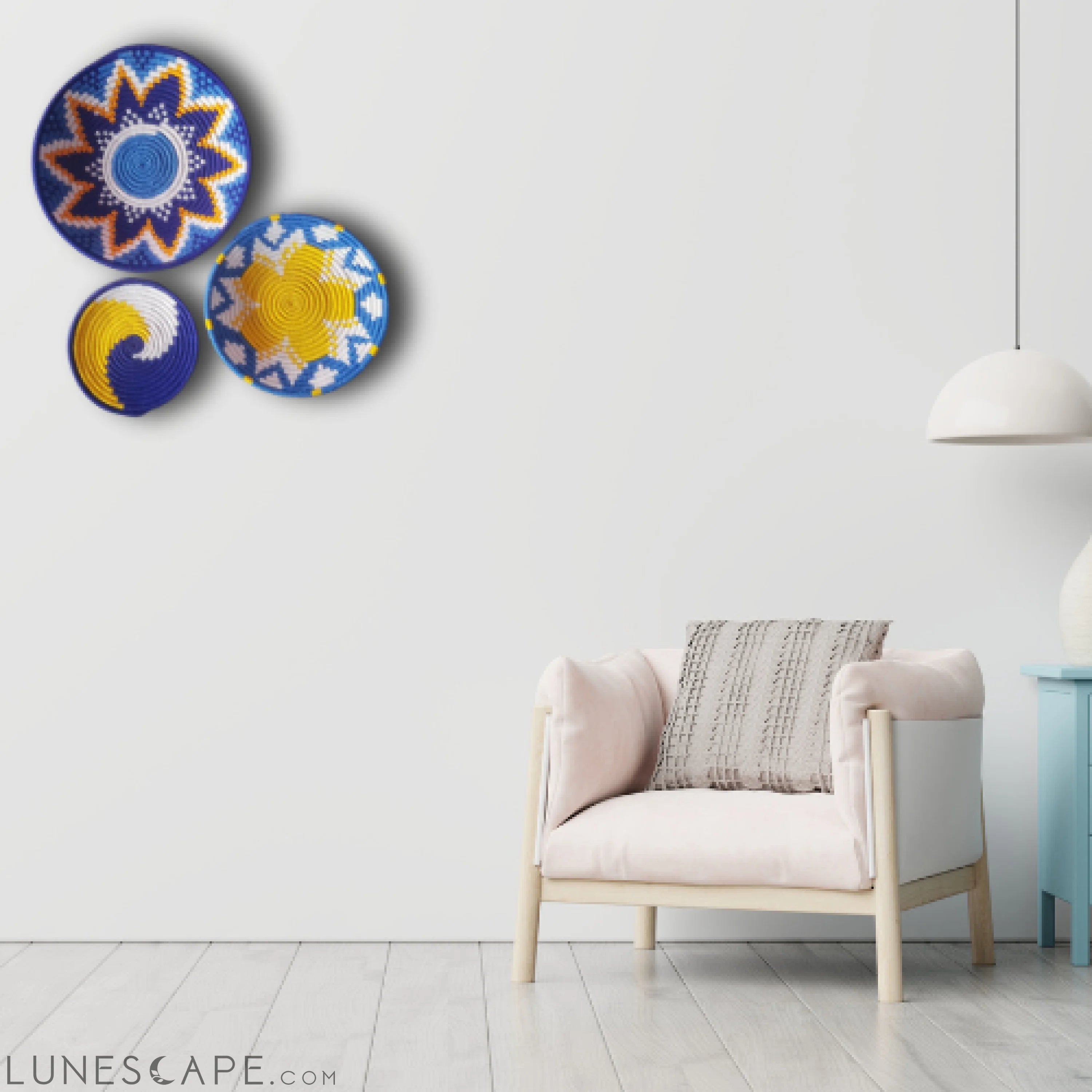 Handwoven Set of 3 Decorative Star & Swirl Plates - Yellow, White Orange & Blue LUNESCAPE